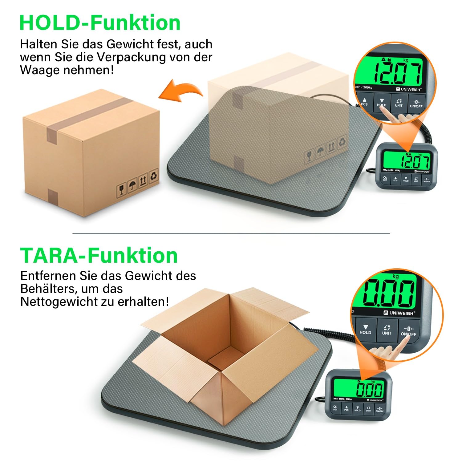 UNIWEIGH Digitale Paketwaage 440lb,Hochpräzise 0,35oz Postwaage für Pakete mit Halten/Tarieren/Zählen,Kommerzielle Paketwaage für Kleinunternehmen,Portowaage für Versandpakete/Gepäck,Grau