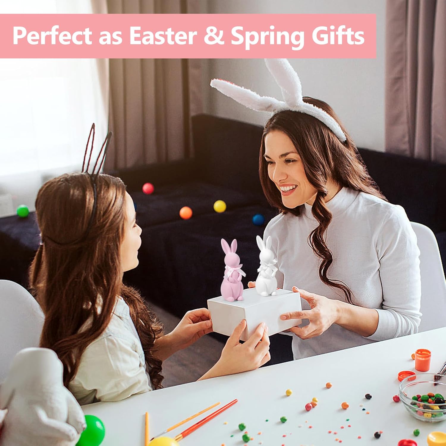 Easter Bunny Decorations Flocked Bunnies Figurine with Soft Velvet Texture, 5.5" Flocking Resin Rabbit Ornaments, Spring Home Office Table Decor (Pink&White) - Image 6