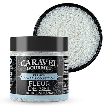 French Fleur de Sel with Light & Airy Texture Premium Flaky Sea Salt for Rimming Margaritas & Finishing Meats & Salads 3.5 oz Jar by Caravel Gourmet