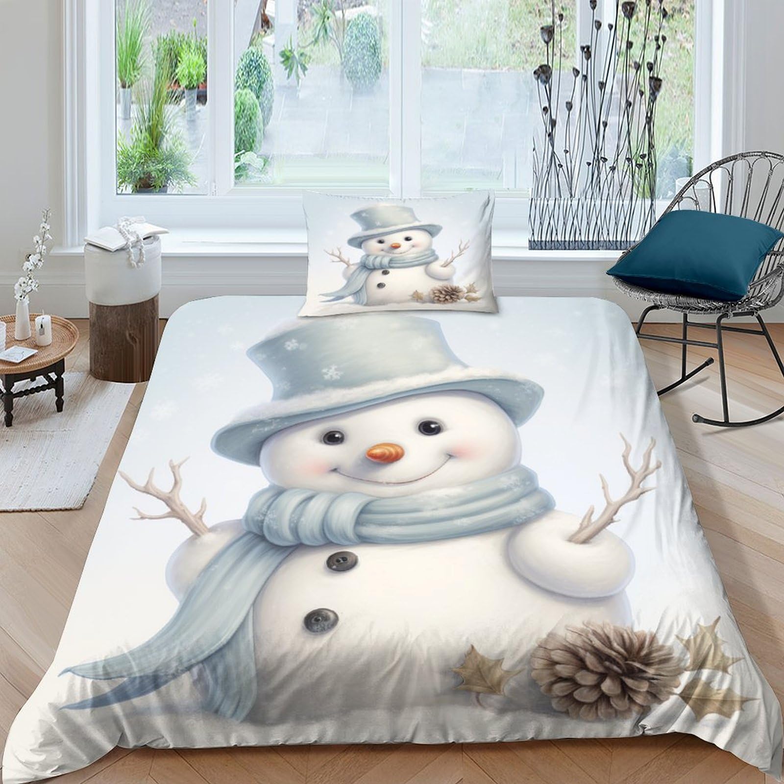 GUYDZOOM Snowman 3Pcs Bedding Set Printed Quilt Cover,3D Duvet Cover for Boys Adult, Microfibre, with Pillowcases Easy Care Microfiber Comforter Cover Hidden Zipper Single（135x200cm）
