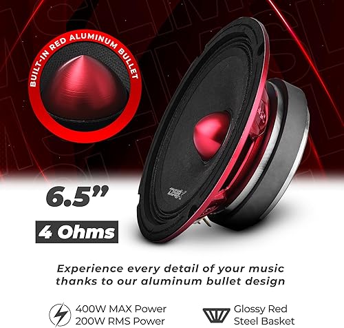 Miniatura 133 de DS18 PRO-X6.4M - Altavoz de 6.5 pulgadas, rango medio, bala de aluminio roja, 500 W máximo, 250 W RMS, 4 ohmios, altavoces de puerta de audio