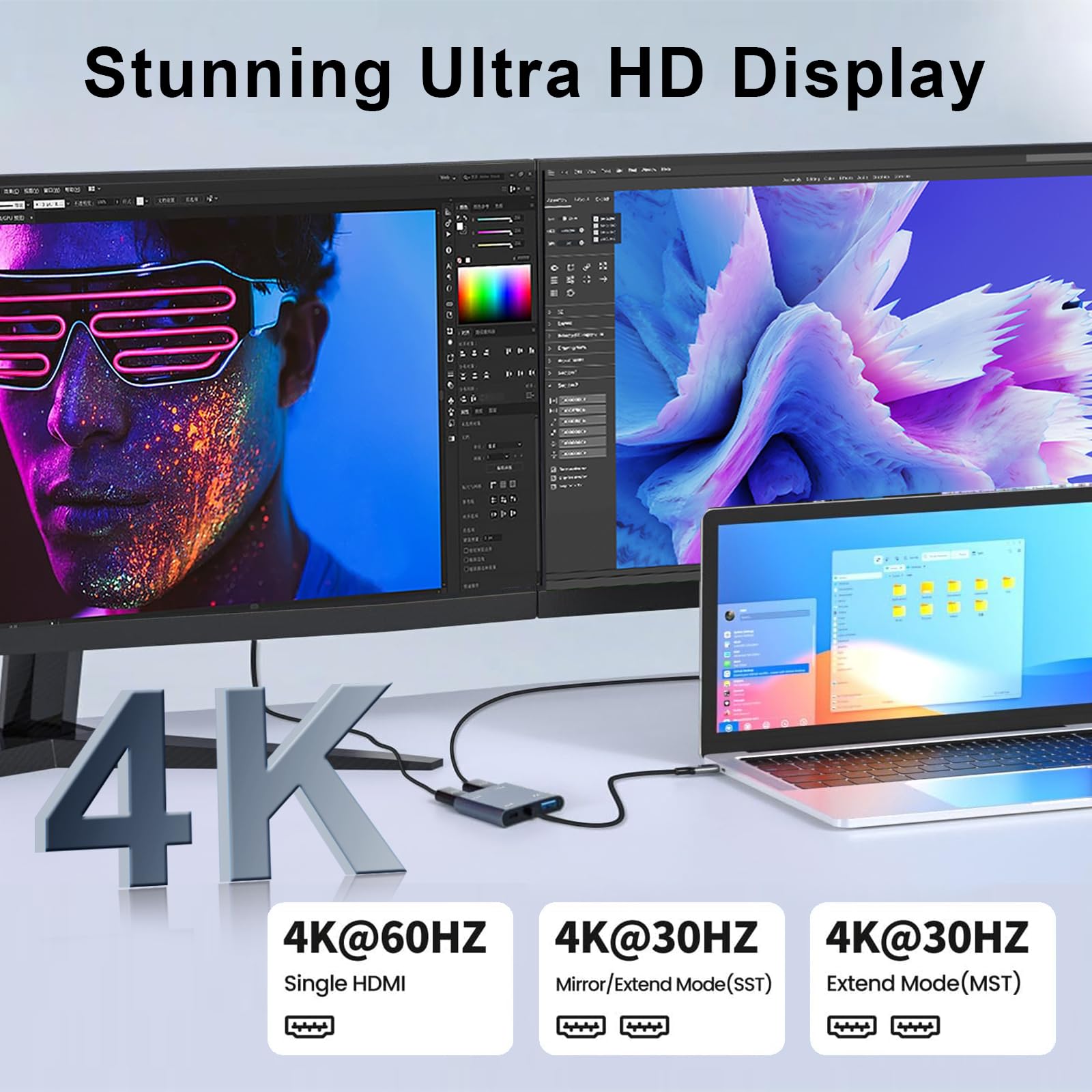 USB C to Dual HDMI Adapter, 4K@60Hz HDMI Splitter for Dual Monitors with USB 3.0, 100W PD Charging, HDMI Splitter Extended Display for MacBook Air/Pro, Dell XPS, HP, Surface, Chromebook 3
