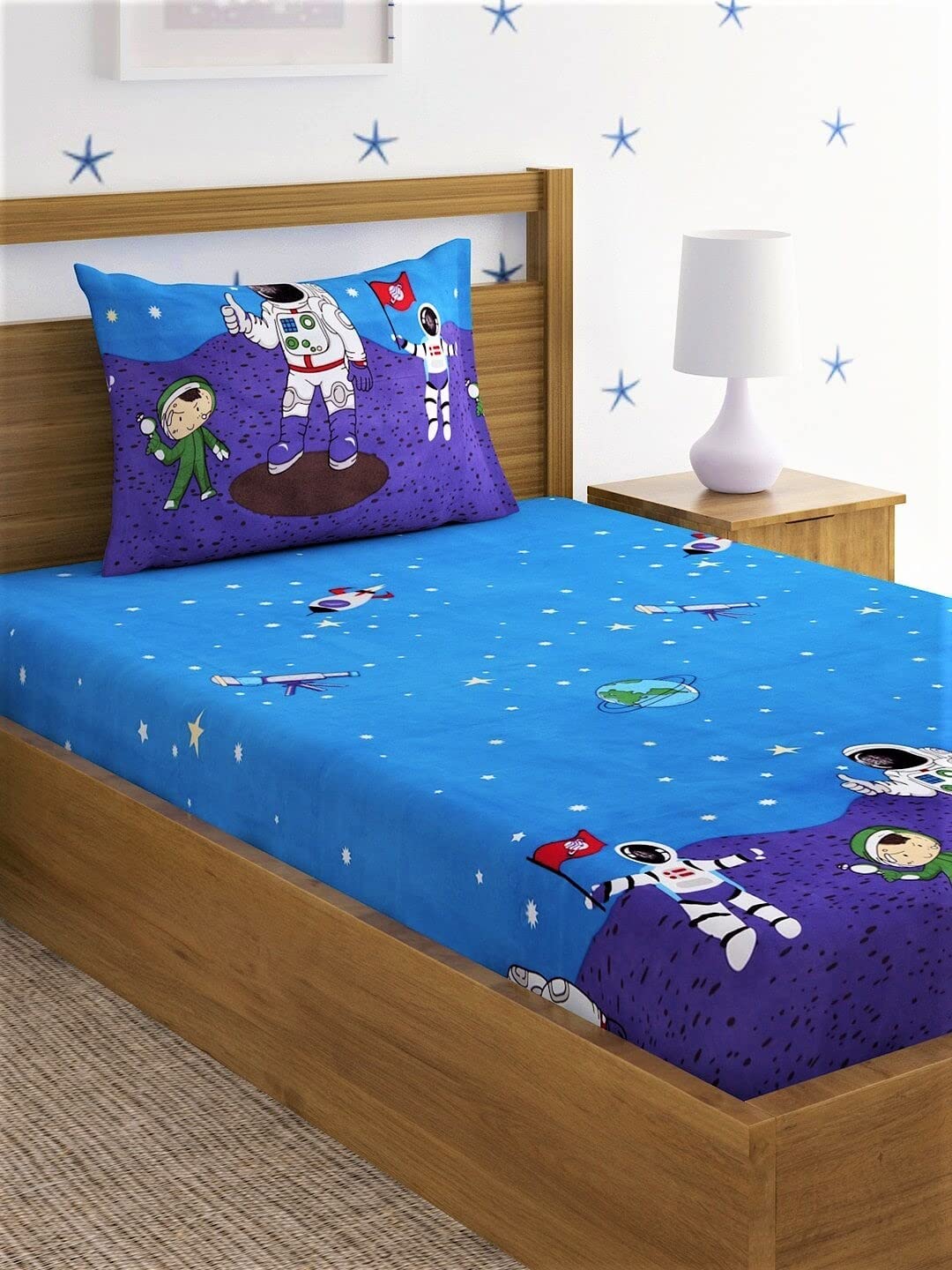 180TC Glace Cotton Kids Room Single Flat Printed Bed Sheet with 1 Pillow Cover (60 * 90Inch Space)