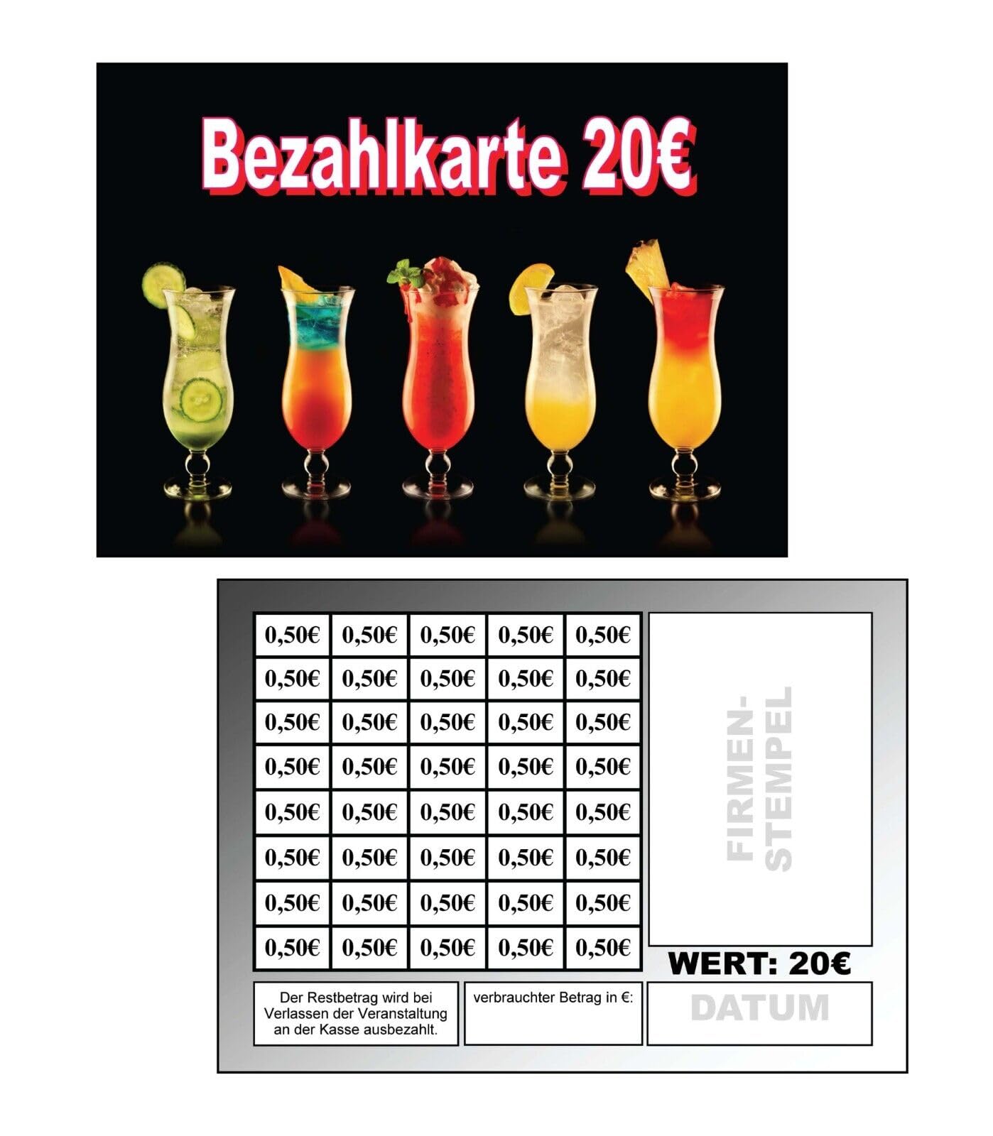 400 Abstreichkarten Verzehrkarten Wertmarken Guthabenkarten, 20 Euro Bezahlkarten, 400VC20, Cocktail