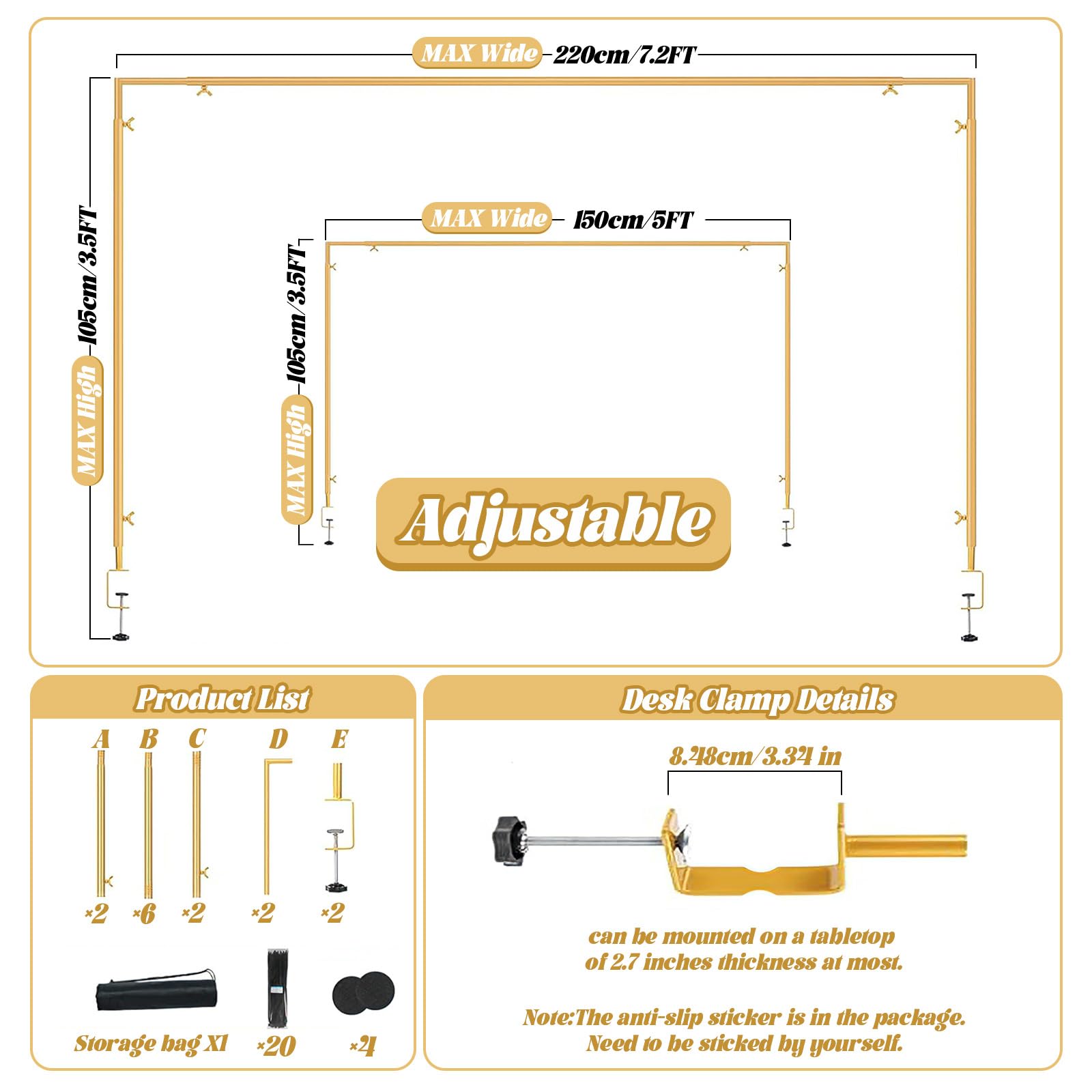 Arco de Mesa Ajustable, Soporte para Barra de Mesa con Abrazaderas Barra Decorativa para Mesa 150 a 220 cm Soporte de Arco de Globos para Bodas Decoración de Fiesta Cumpleaños