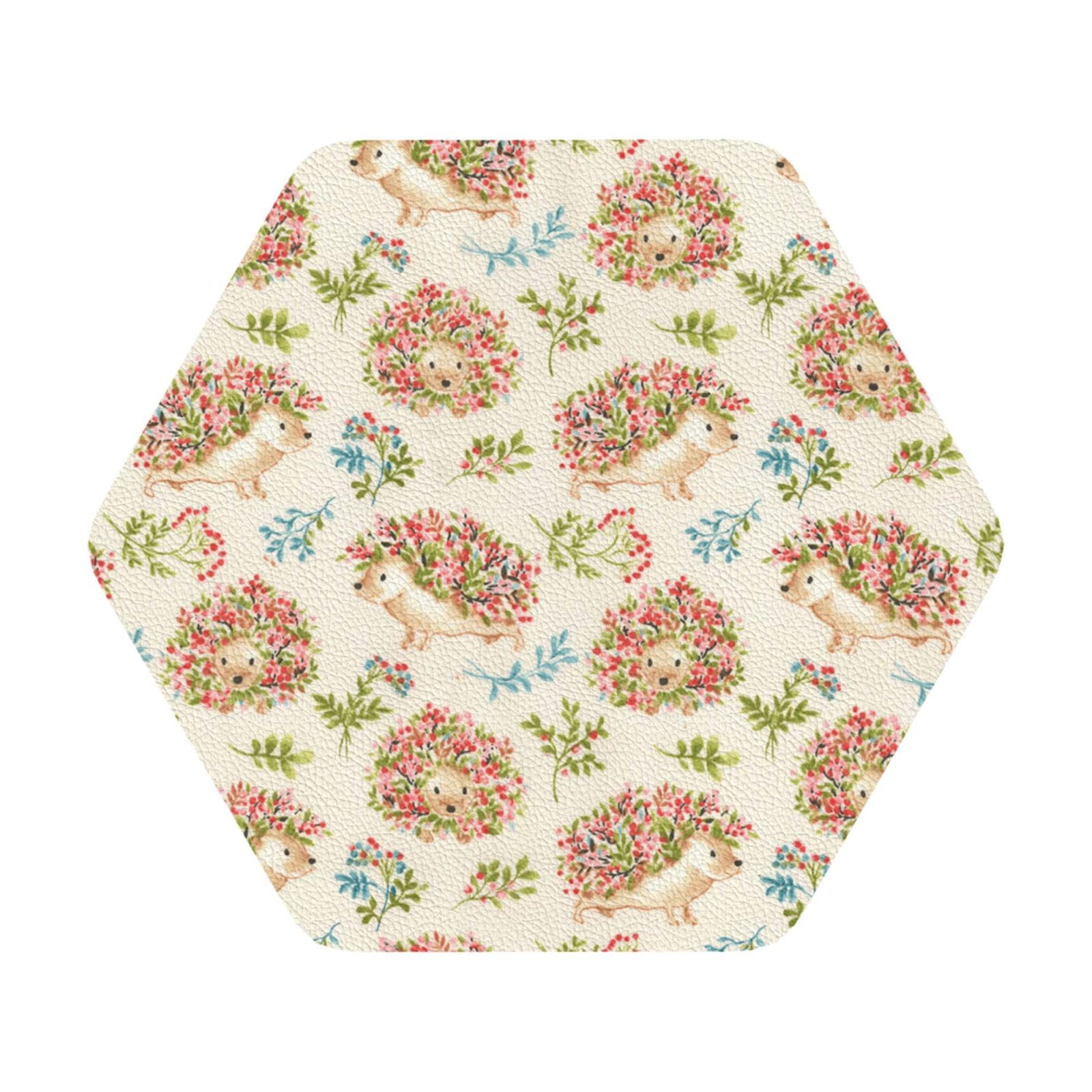 Floral Hedgehogs PU Leather Coasters Set of 6 Hexagon Drink Coasters