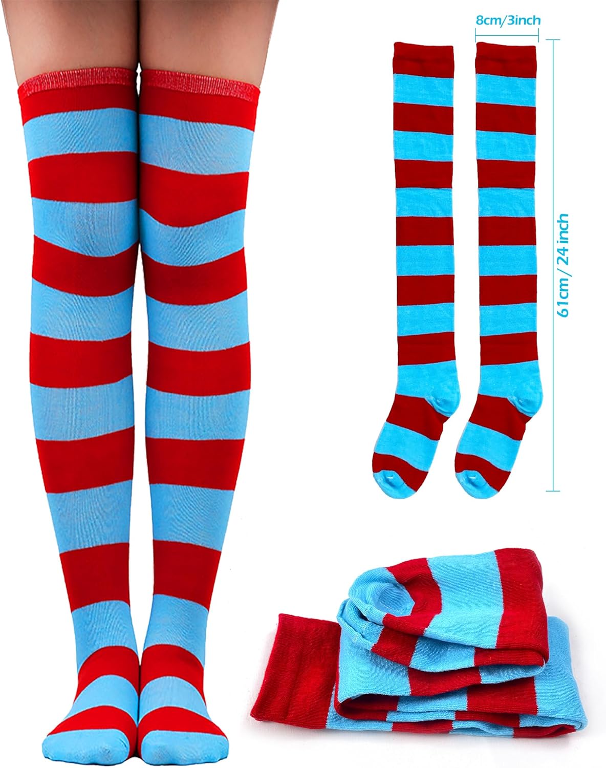 Women Costume Accessories Set Pom Pom Headband Red Blue Tutu Skirt Tutu Skirt Accessories Striped Socks Gloves for Halloween Party Supplies（Red and Blue） - Image 4