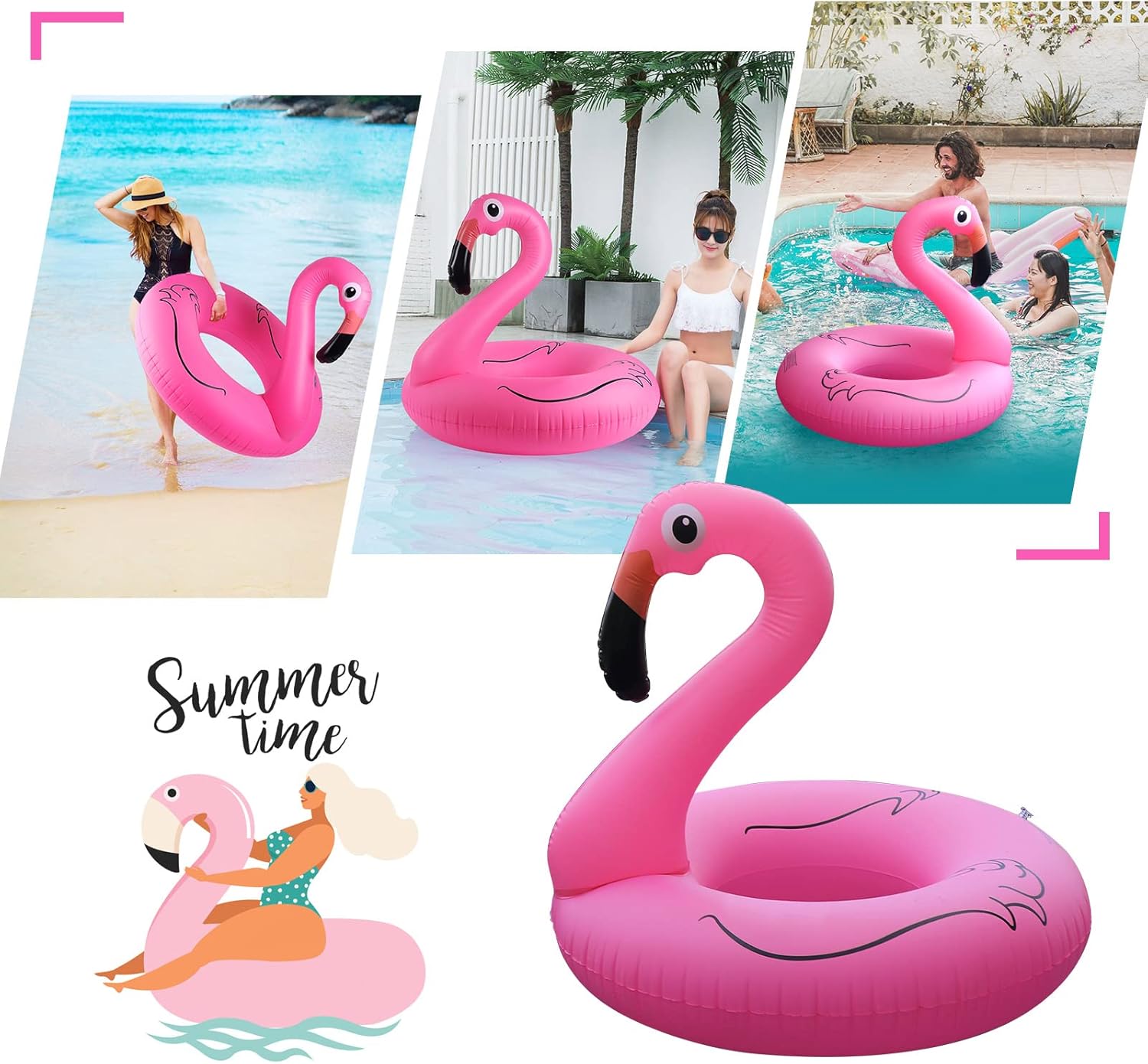 Inflatable Flamingo Pool Floats with Lights, FlyfreeU Solar Powered Flamingo Swim Tube Rings, 42'' Lake Beach Floaties Swimming Rings Summer Pool Raft Lounger for Adults Water Party Supplies.