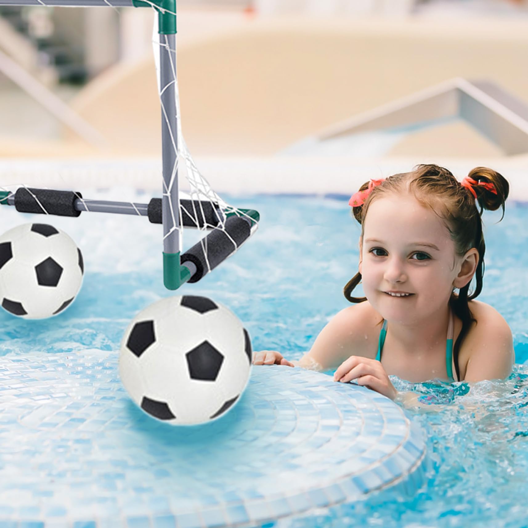 Giochi in piscina con 2 palline, 2 porte da calcio galleggianti per piscina, porta da calcio per bambini 18, 5x14, 4x14, 4", rete da in plastica per estiva.