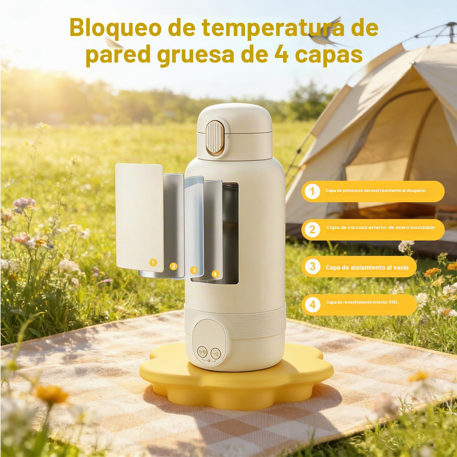 Calienta Biberones Portátil,500ml,Calentador De Biberones Para Bebés,Calentamiento Rápido En 3 Min,37°c a 55°c,Acero Inoxidable 316l,Para Agua/Leche/Leche Materna,Viajes,Al Aire Libre,En Casa(Blanco)