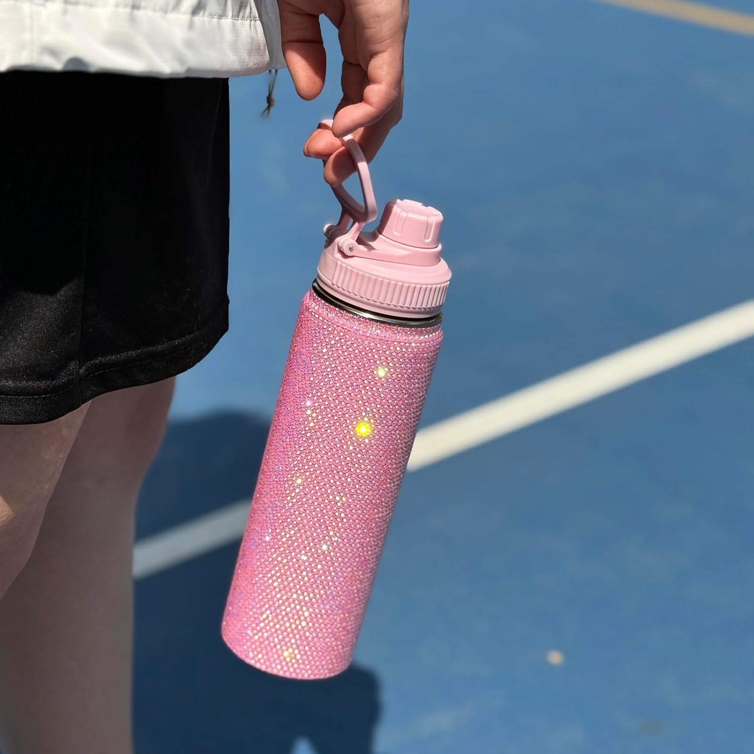 22oz Stainless Steel Bling Crystal Water Bottle Rhinestone Vacuum Insulated Bottle with Spout Lid Reusable Double-Wall Glitter Sport Bottle Gift for Women Girl (Light Pink) - Image 6