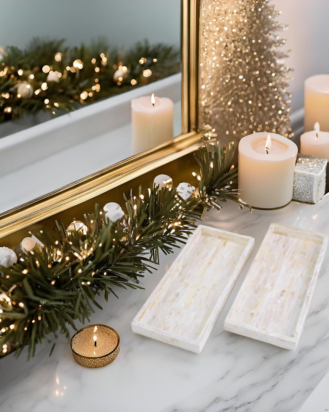 PEMAR Set of 2 Mother of Pearl Vanity Tray for Bathroom Counter, 11" Wooden Organisation Valet Tray for Perfume Makeup Bedroom Dresser Kitchen Sink Countertop Organizer, Toilet Tank (White Tiles) - Image 2