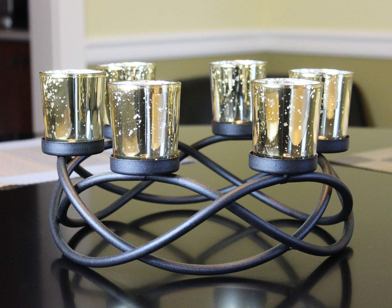 Seraphic Hierro Mesa Redonda Decoración Centro de Mesa Decoraciones Portavelas para Bodas, Patio, Cocina, Comedor y Mesas de Café, Portavelas Votivas de Vidrio, Negro, 6 Tazas Doradas