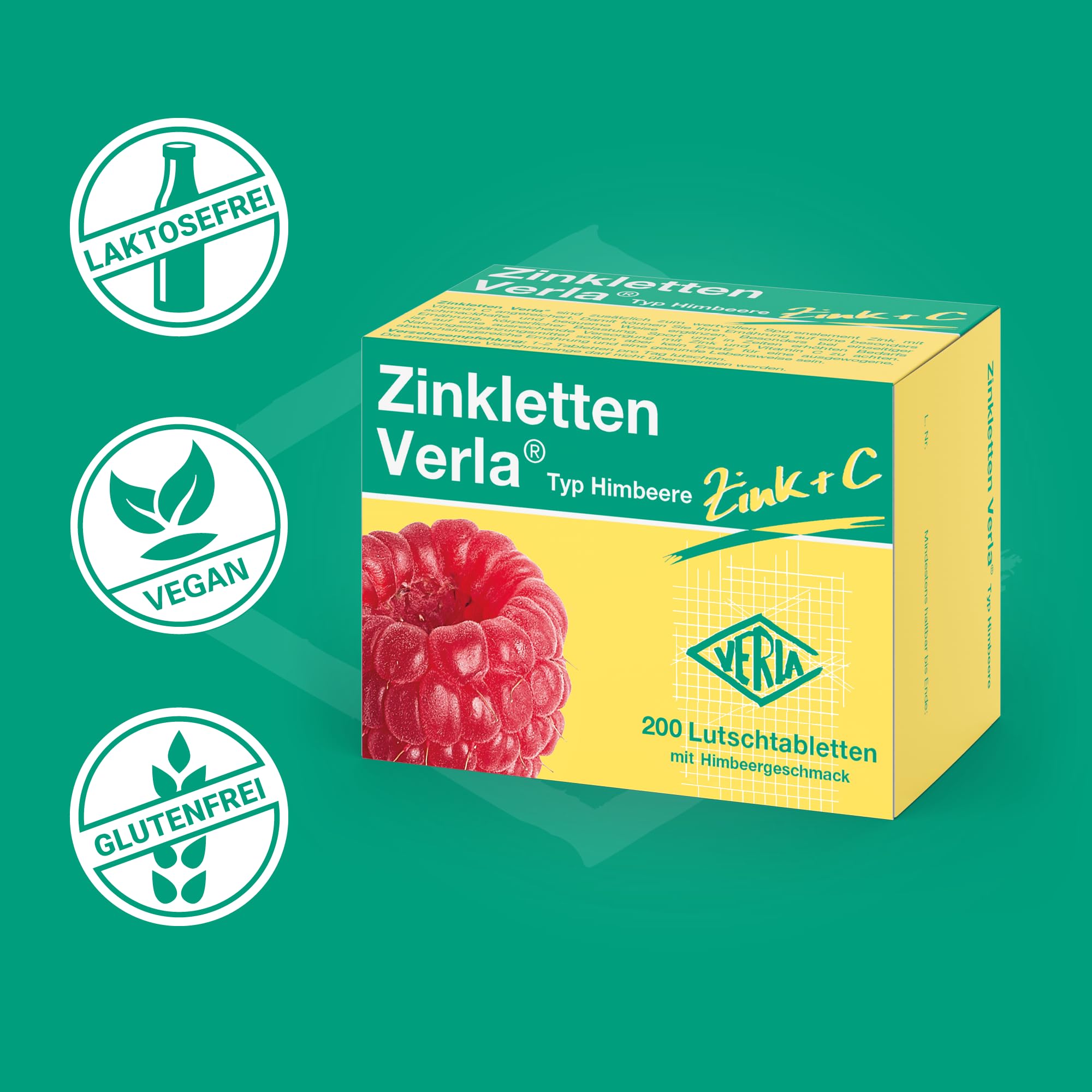 Zinkletten Verla Himbeere – 5 mg Zink in Form von Zinkcitrat+ 30 mg Vitamin C zum Lutschen und Kauen, für die tägliche Zinkversorgung, mit Himbeergeschmack, vegan, glutenfrei, ohne Lactose, 200 St