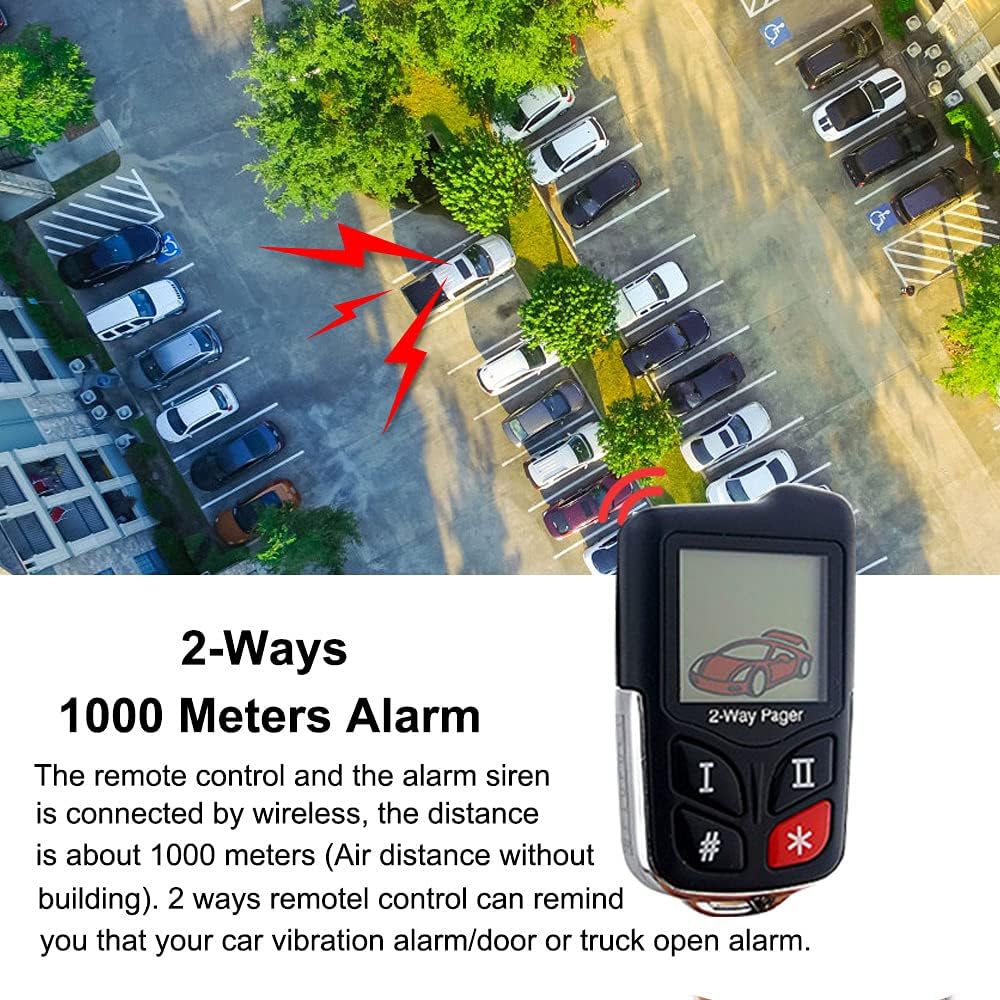 Image illustrating the 1000-meter range of the 2-way pager alarm system, showing a car in a parking lot and the remote control.