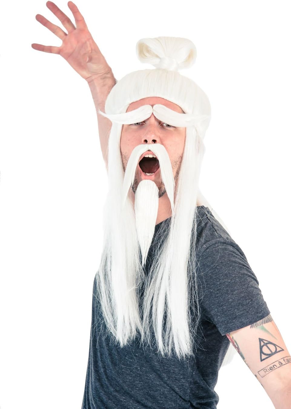 Adult Halloween White Fu Manchu Beard and Wig Costume Accessory