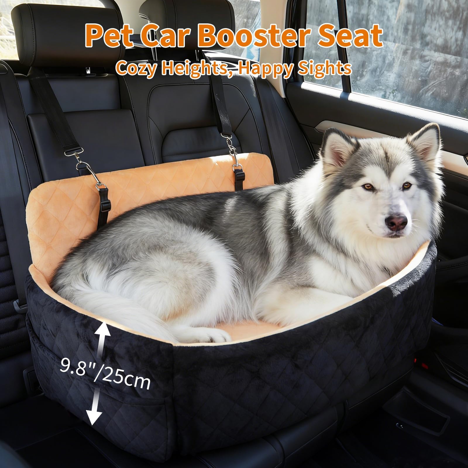 Garvee Asiento grande de coche para perro, cama de espuma viscoelástica de 80 x 50 cm con 2 correas de seguridad, funda lavable desmontable y bolsillos de almacenamiento, asiento elevador para