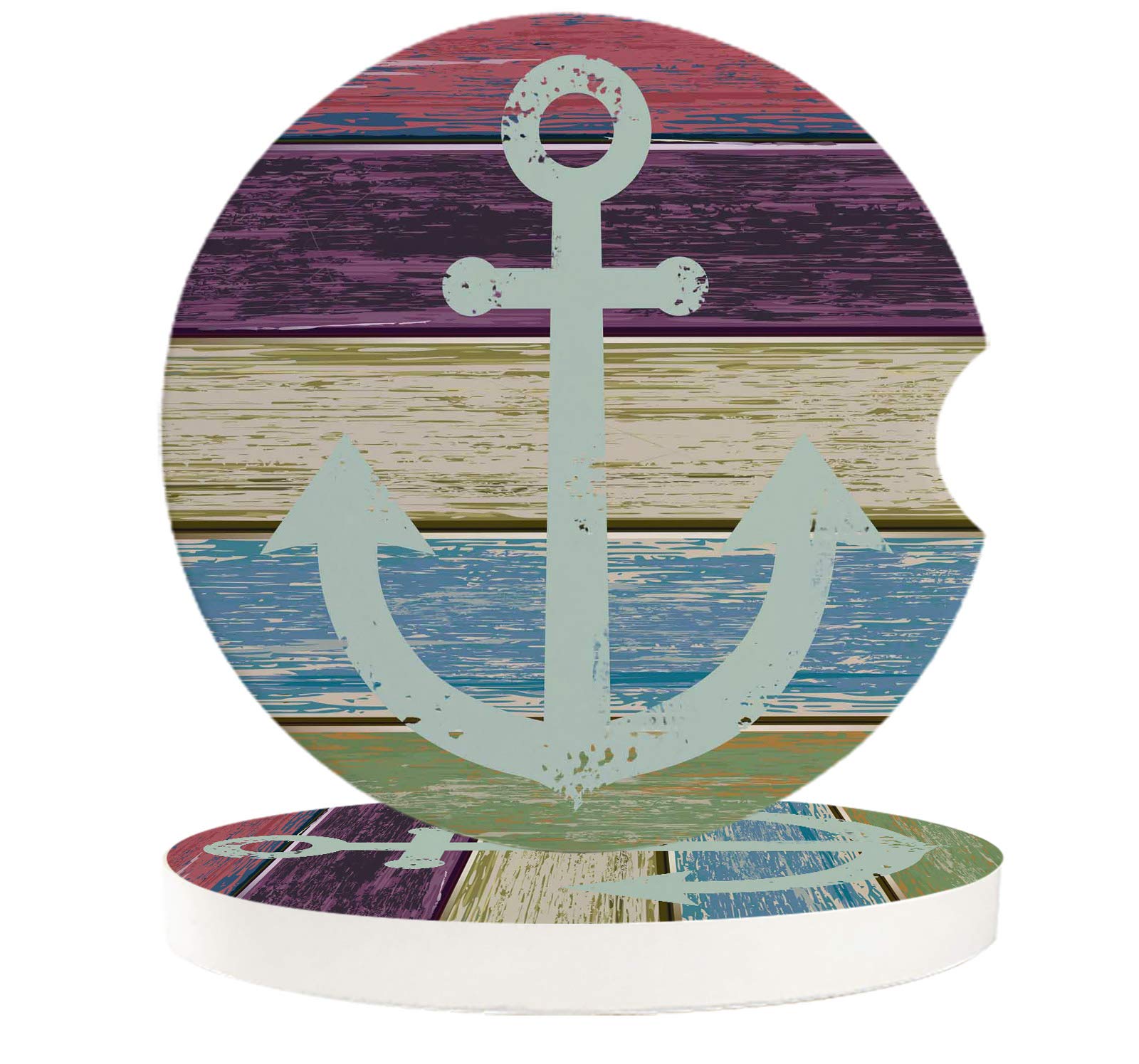 Car Coasters Absorbent Ceramic for Cup Holder Anchor on Colorful Weathered Wooden Planks Rustic Nautical Theme Anti Slip Cup Mat Set for All Cars Cup Holder Coasters for Cold Drink Set of 2