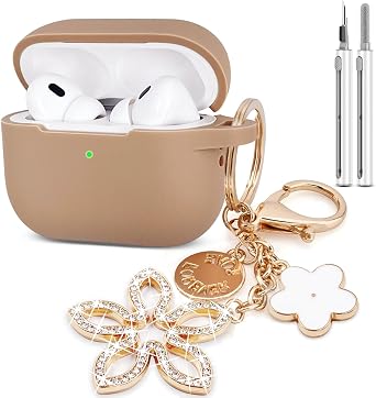 KOUJAON Compatible with AirPods Pro 2nd Generation Case with Cleaner Kit, Silicone Protective Case for Apple AirPod Pro 2nd/1st Earbuds Wireless Charging Cases with Bling Keychain Milk Tea