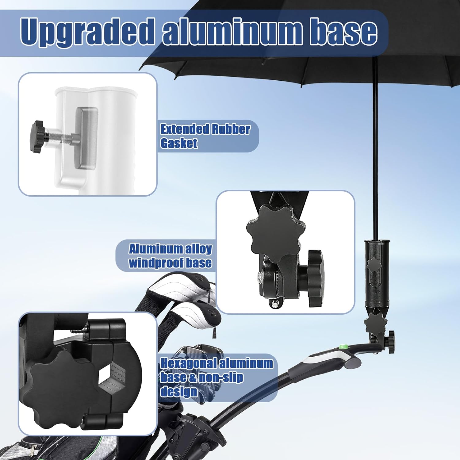 Heavy Duty Golf Push Cart Umbrella Holder, 180° Adjustable Aluminium Alloy Base Strong Windproof, Universal Umbrella Attachment Stand for Stroller, Golf Cart, Wheelchair, Bike, Beach Chair - Image 3