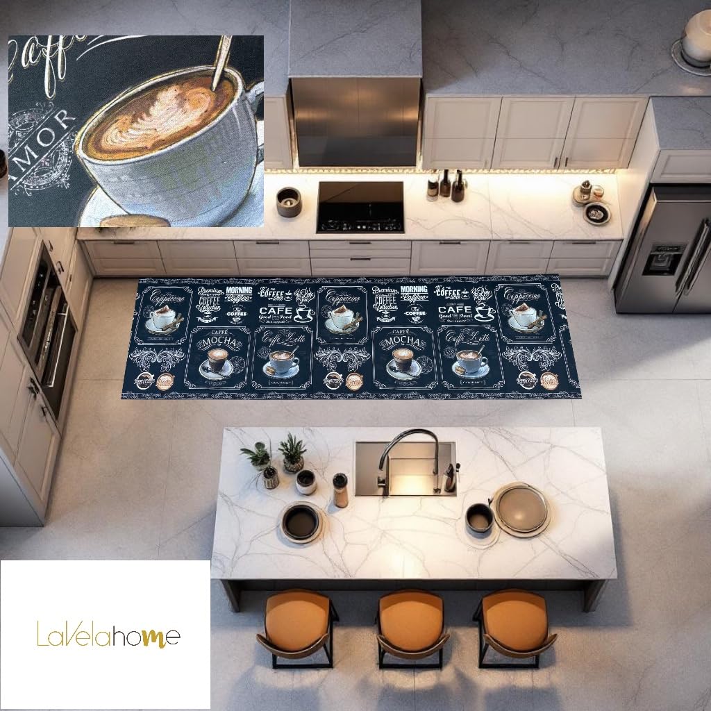Tappeto Cucina Coffee Time Nero – Stile Chabby Chic Lavagna Vintage con Tazze Caffè | Super Assorbente, Antiscivolo, Lavabile in Lavatrice, Perfetto con Robot e Animali (cm_60_x_300)