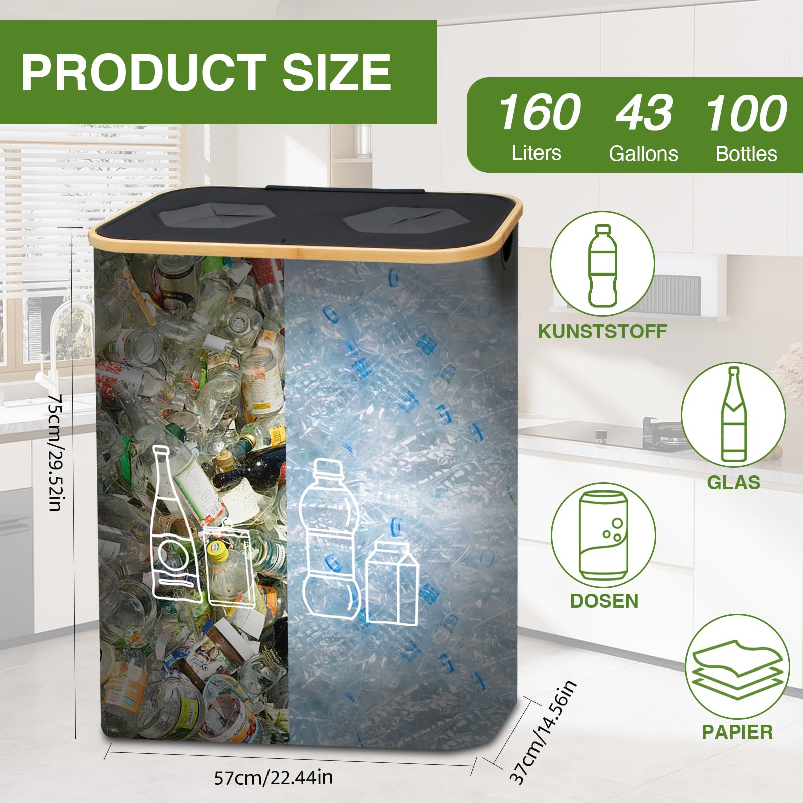 160L Bidoni Differenziata da Interno, Borse Raccolta Differenziata con Coperchio per Plastica e Vetro, Raccolta Differenziata Interno con 2 Borse a Mano per Cucina, Ufficio, Giardino