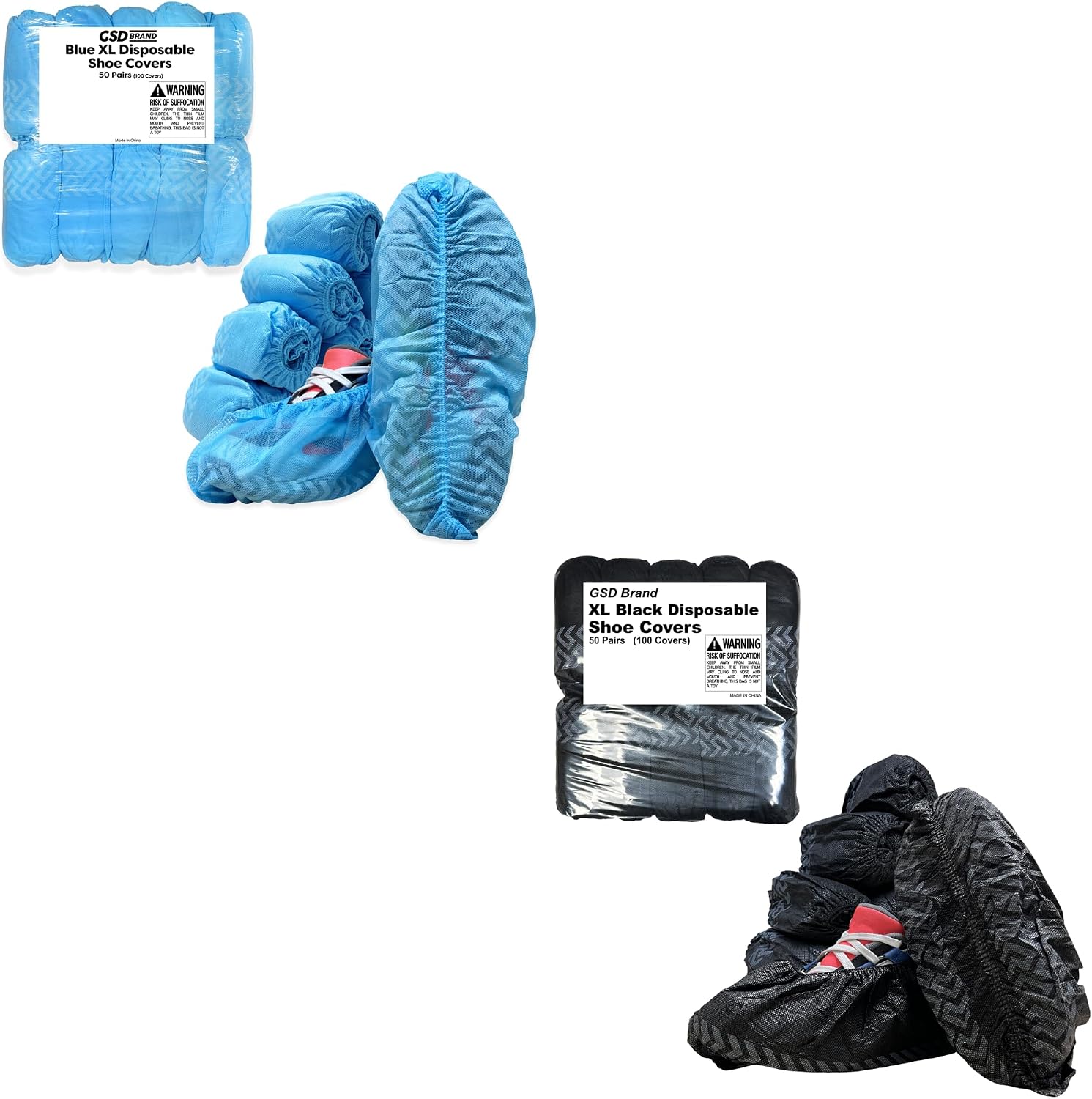 XL Blue Disposable Shoe Covers and Black Shoe Covers Bundle