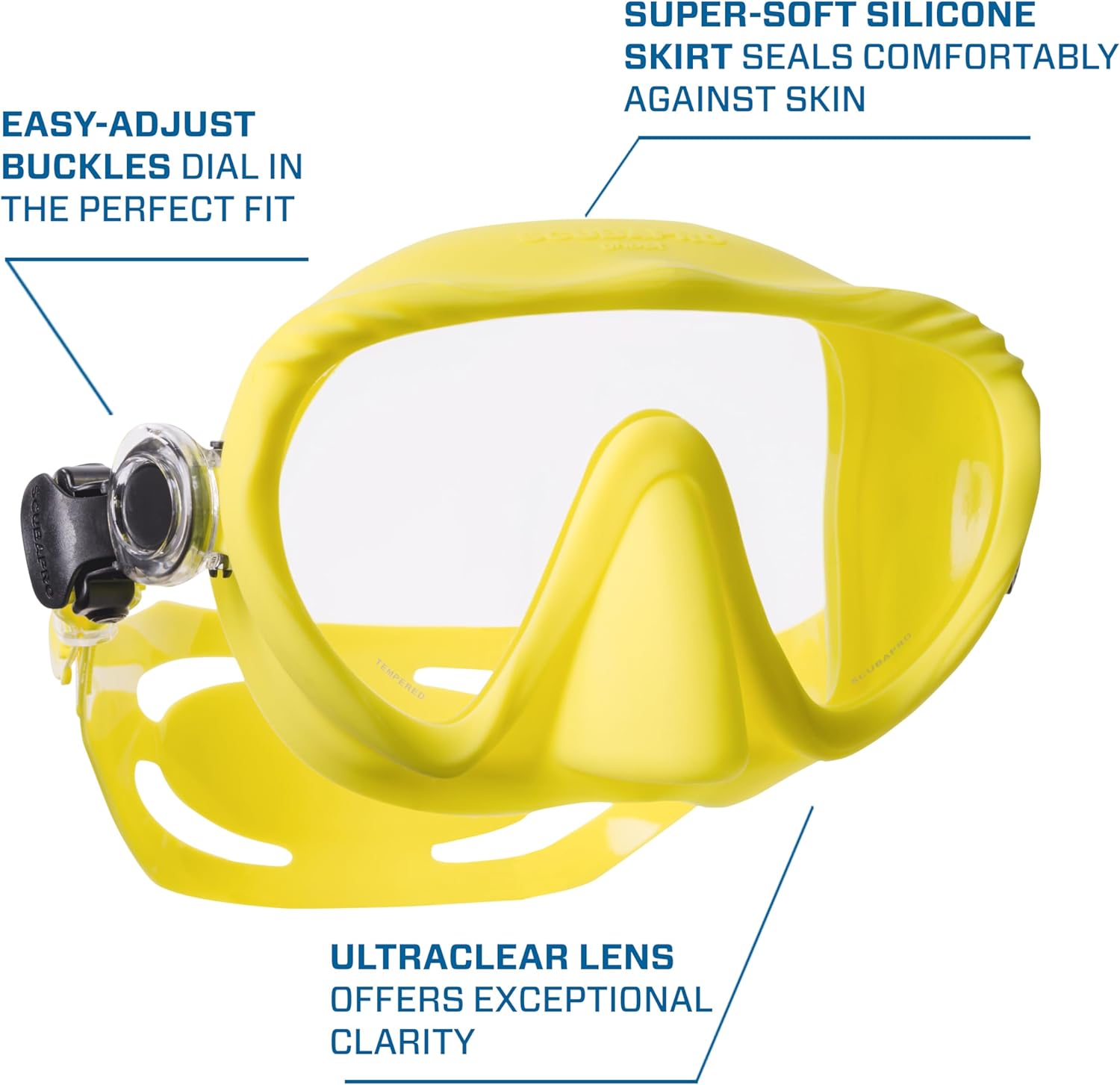 SCUBAPRO Ghost Scuba Dive Mask, Low-Volume Frameless Design w/Ultra Clear Single Lens, Silicone Skirt and Easy-Adjust Strap Buckles, Yellow - Image 4
