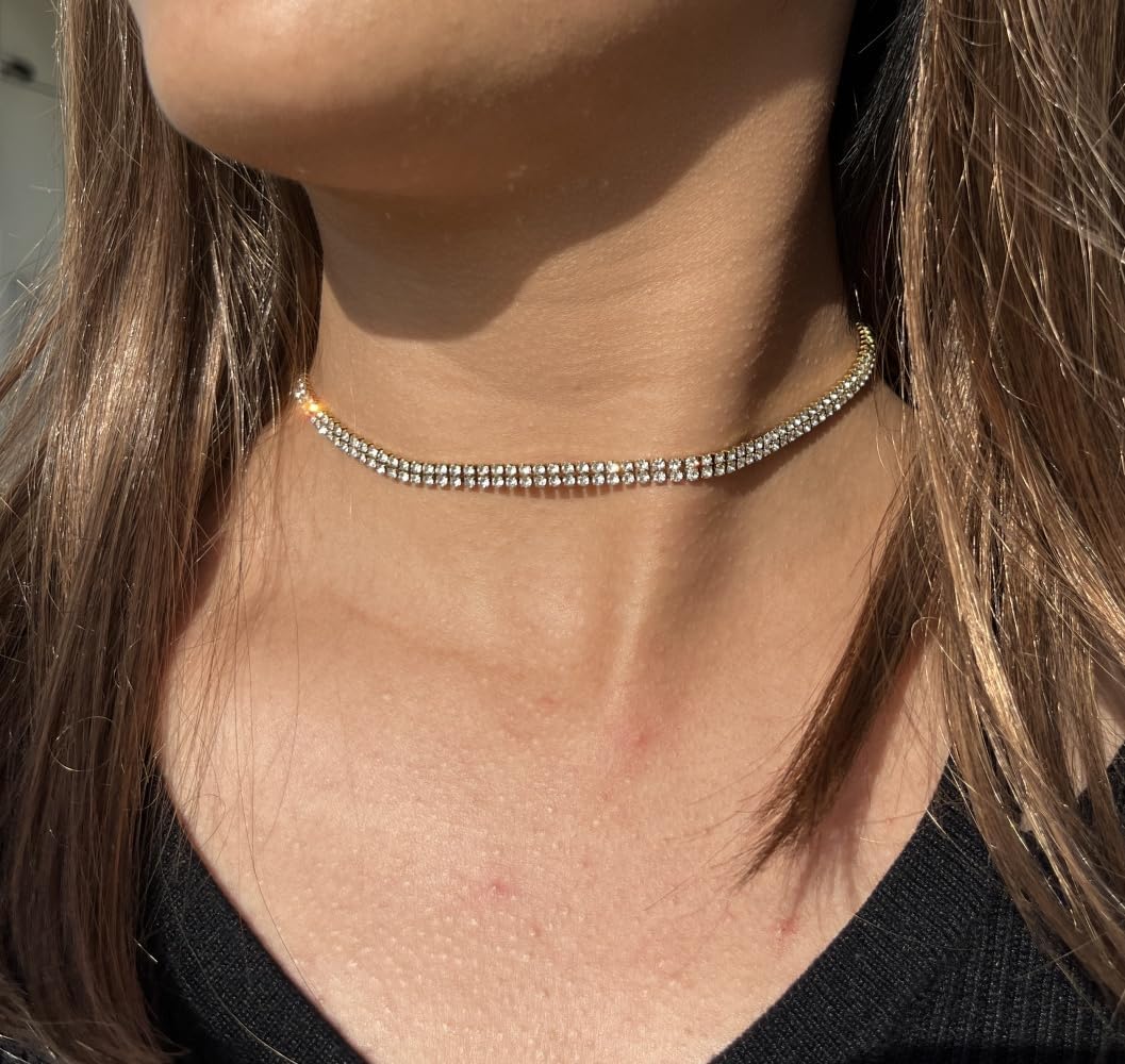 WangGao Stainless Steel Double Layer Rhinestone Choker Sparkling Crystal Tennis Necklaces for Women Shiny Cubic Zirconia Choker Jewelry Bridal Wedding Bridesmaid - Image 9