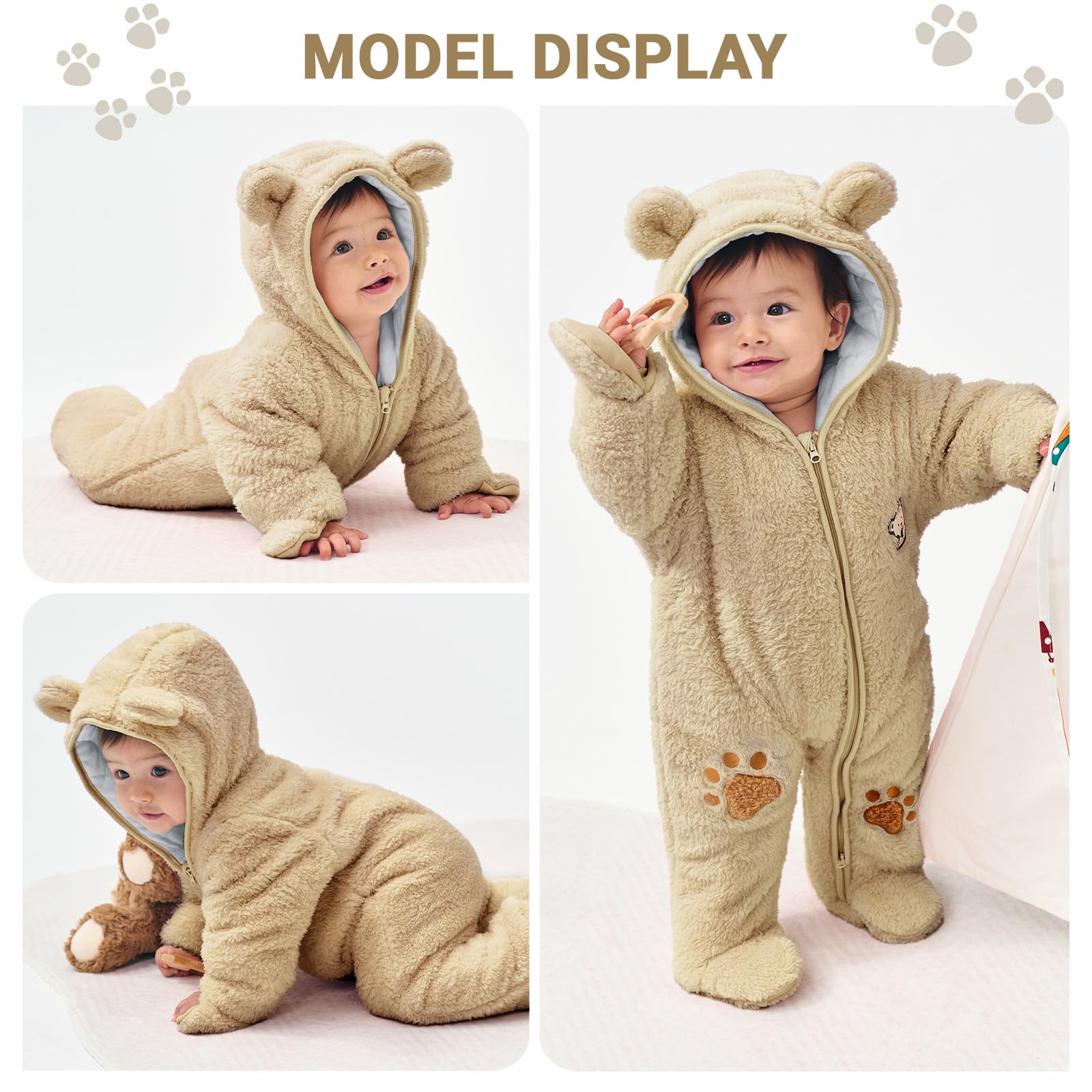 JiAmy Combinaison Bebe Garcon Fille Hiver Polaire Combipilote Pilote Bébé Manteau à Capuche Manches Longues Ours Combinaison de Neige 0-12 Mois