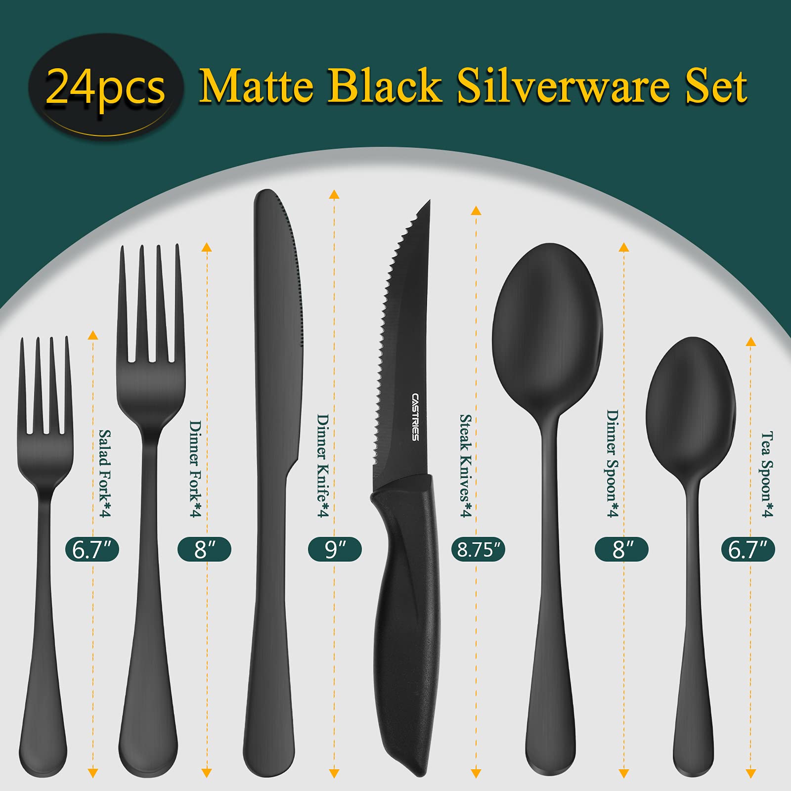 Black Silverware Set, 24 Piece Matte Stainless Steel Silverware