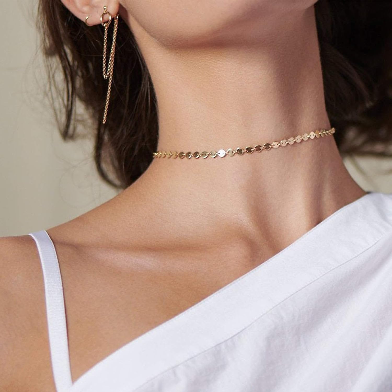 LOYATA 14K Gold Plated Choker Necklace Figaro Bohemia Sequin Coins Delicate Chain Necklace with CZ Evil Eye Hamsa Hand Necklace for Women - Image 3