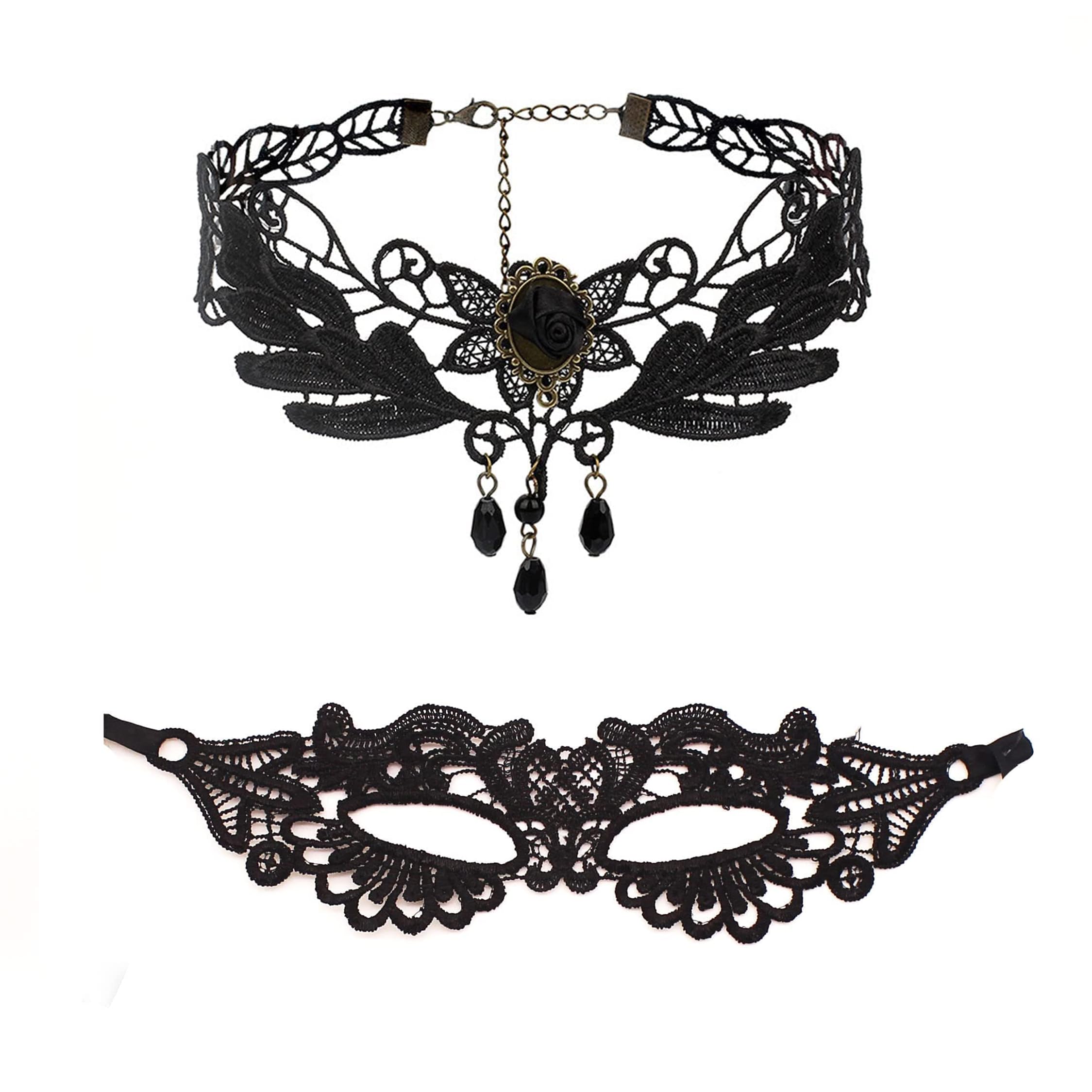 NALACAL Lace Masquerade Mask with Choker Set for Women, Black Goth Tattoo Necklace Eye Mask Pack, Elegant Lace Pattern for Party, Cosplay, and Festivals