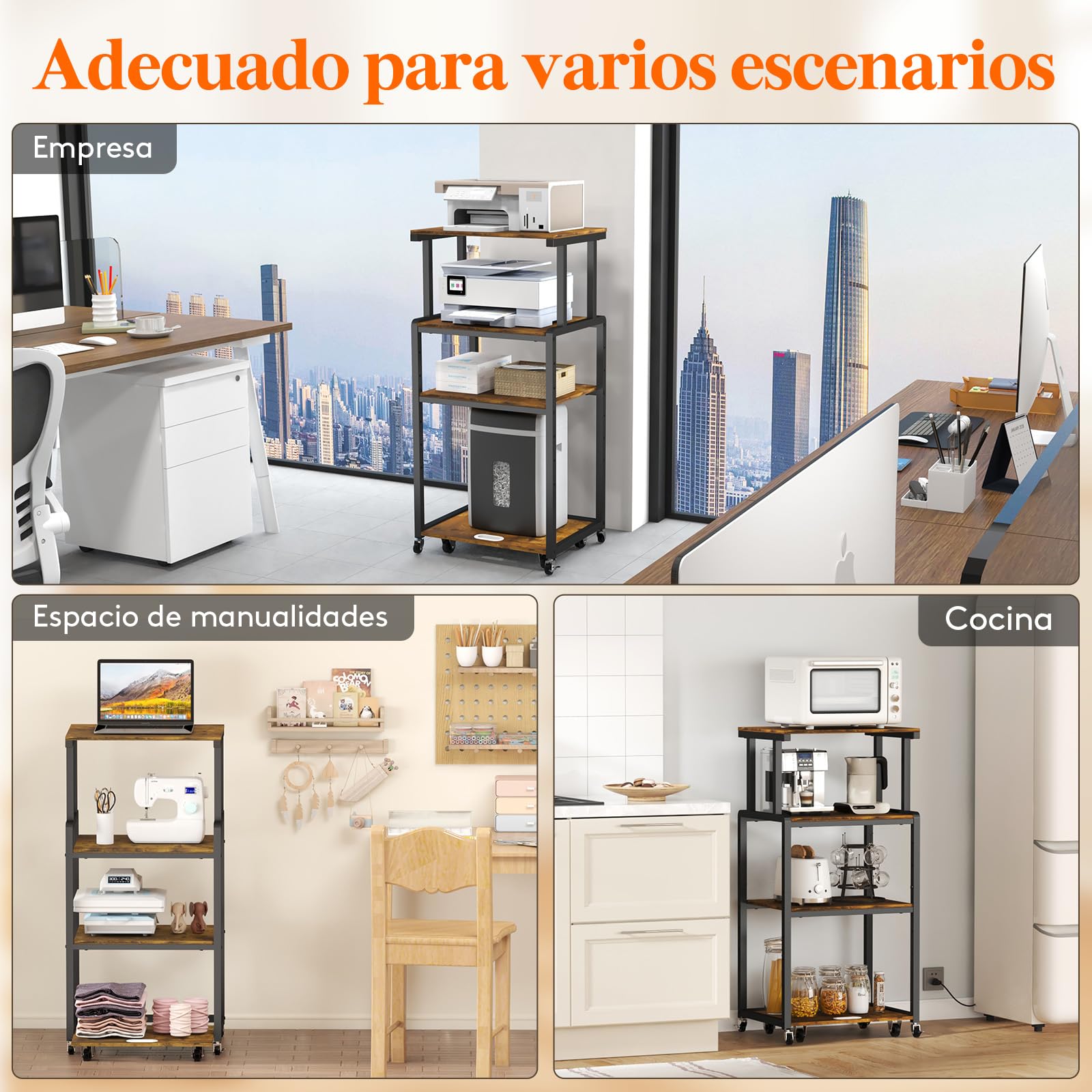 Lifewit Soporte para Impresora de 4 Niveles con Ruedas y Estante de Almacenamiento Ajustable para la Oficina en Casa, Carrito para Trituradora, Escáner, Marrón Rústico, 53x40x112cm