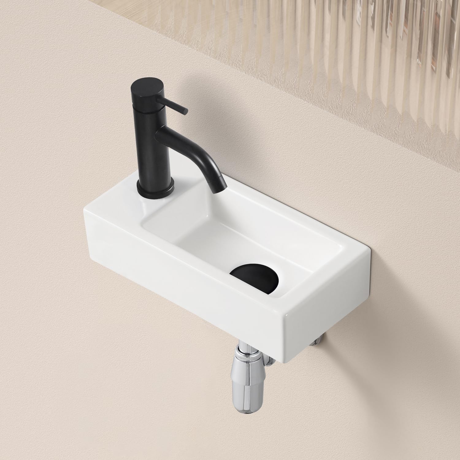 Small Bathroom Sink, MAISINK Wall Mount Sink 14.5"x7.3" (375x180mm) White Rectangular Ceramic Floating Wall Hung Vessel Sinks for Small Bathrooms (Left Hand)