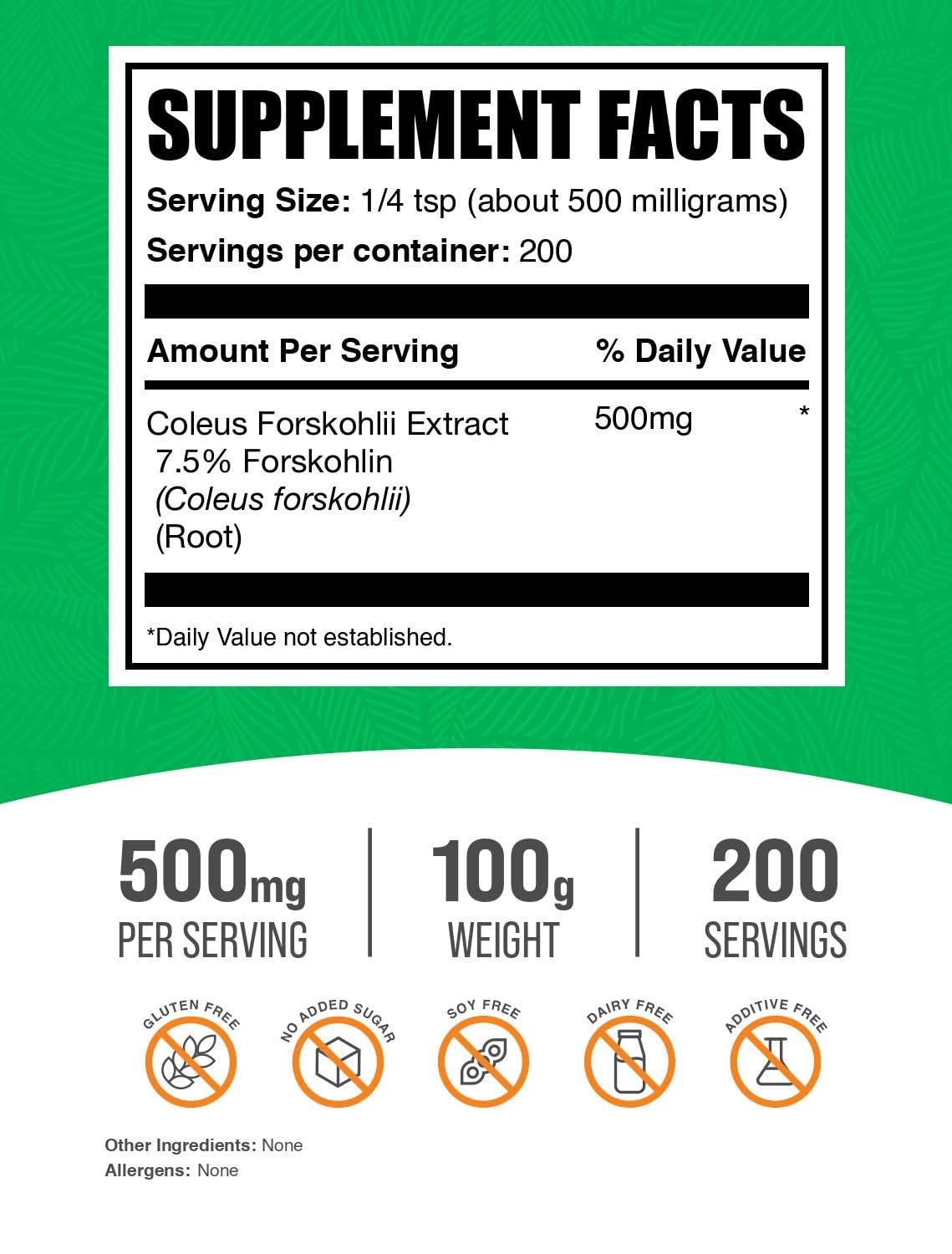 BulkSupplements.com Coleus Forskohlii Extract Powder - Forskolin Supplement, Forskolin Powder - Herbal Supplement, Gluten Free, 500mg per Serving, 100g (3.5 oz) (Pack of 1) — Amazon image 2