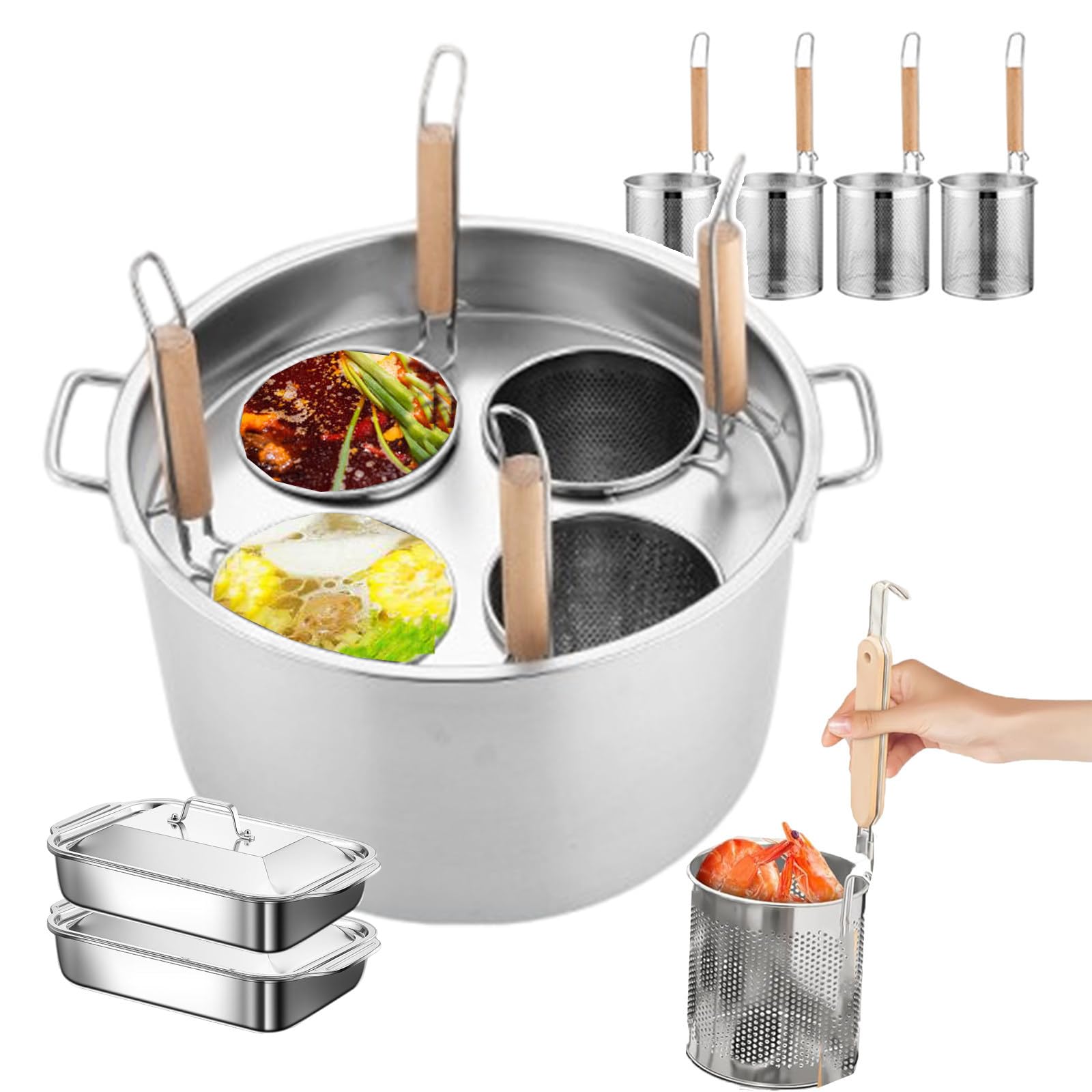 Set Per Cuocipasta A 3/4 Fori | Pentole Per Cucinare Spaghetti Per Hot Pot Piccante | Pentole Per Cucinare Spaghetti Per Uso Commerciale | Gancio Per Cestello Filtro(Con 2 Vassoi),4-hole