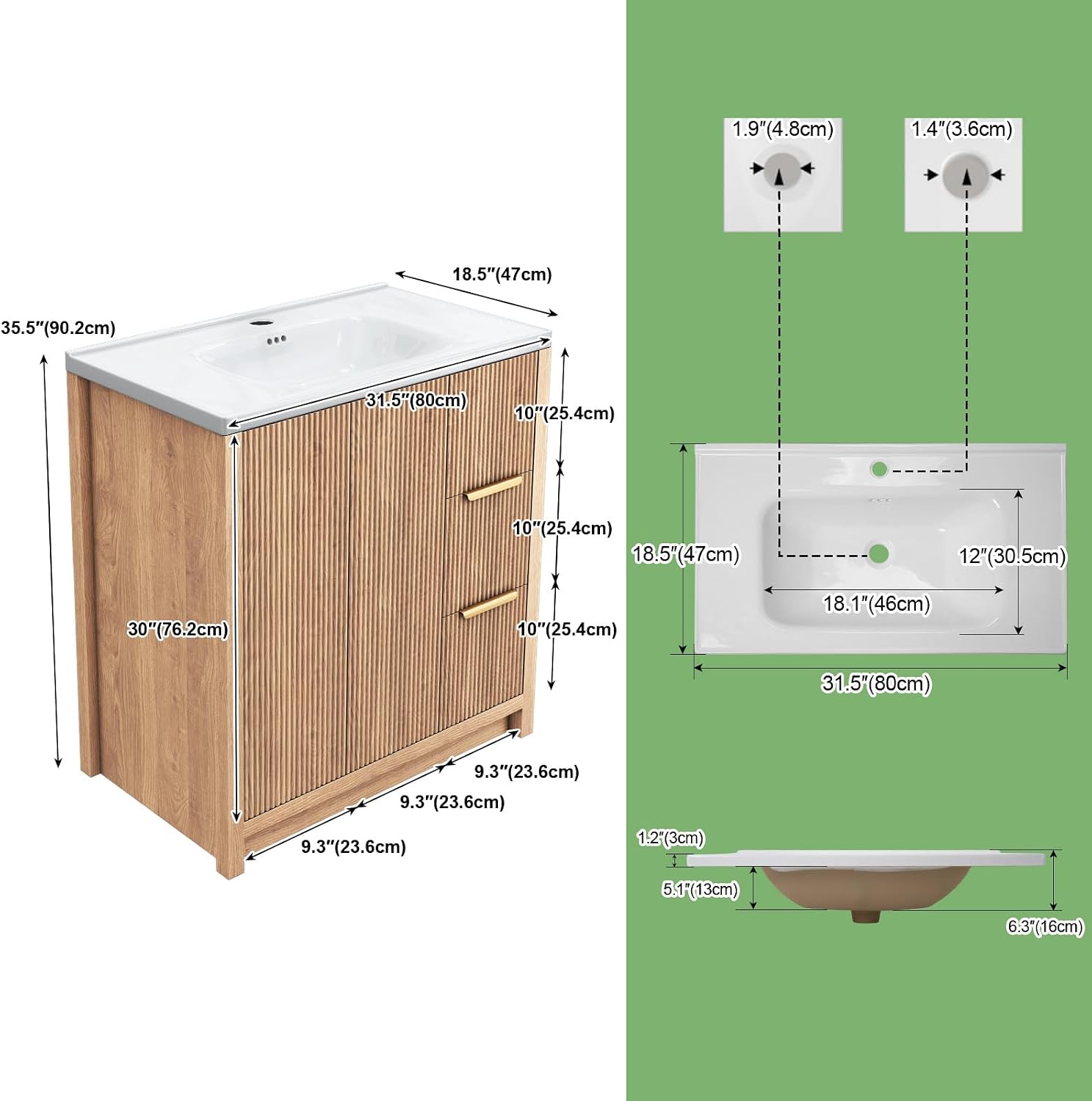 32" Bathroom Vanity with Sink,Single Sink Bathroom Vanities with 2 Doors & 2 Drawer,Freestanding Storage Bathroom Vanity with Sink,Natural Brown,31.5"*18.5"*35.4"