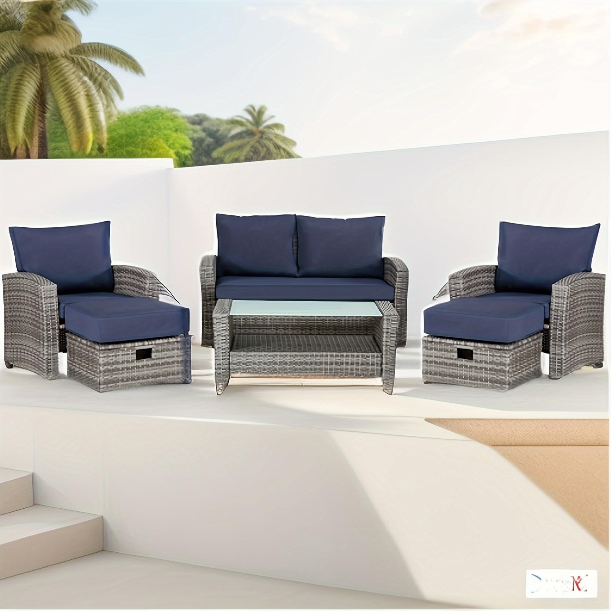 Outdoor Wicker Sectional Sofa Set, 6 Pieces, Black Rattan, 5 Piece Conversation Set with Glass Top Table and Cushions, Blue