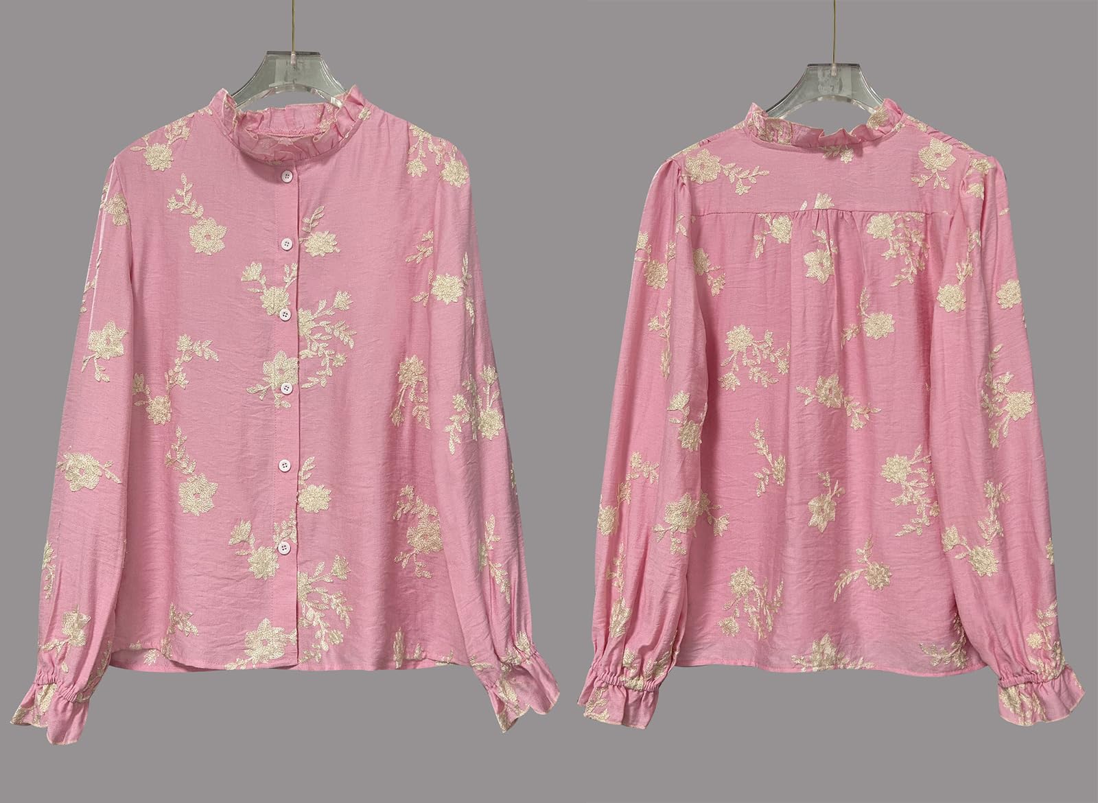 Chemises pour Femmes À Boutons Manches Longues Blouse en Chiffon Brodée De Fleurs Hauts