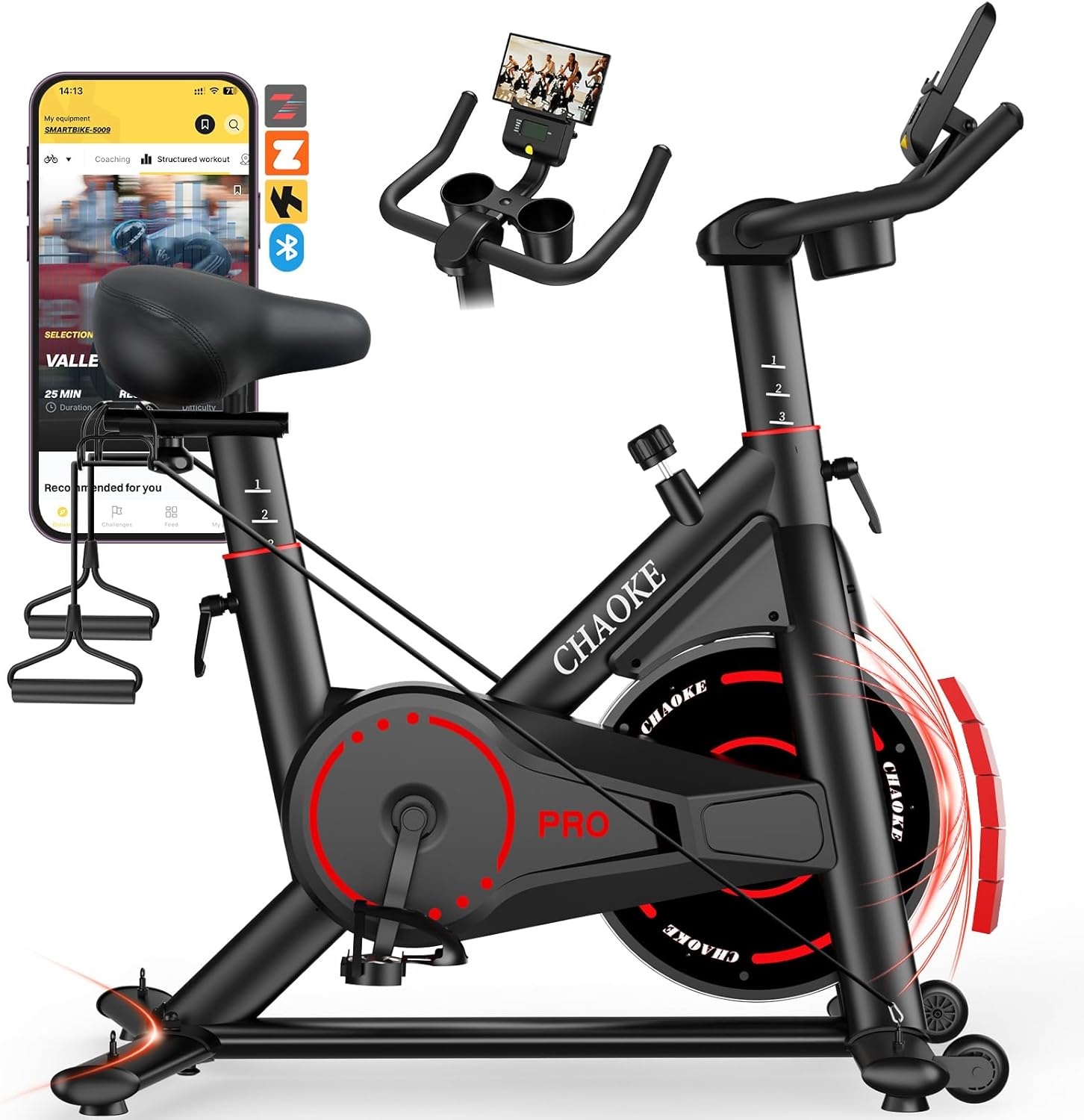 CHAOKE Exercise Bike, Quiet Adjustable Magnetic Stationary Bike for Home Cardio with App Compatible, 350LB Weight Capacity Indoor Cycling Bike with Large Seat, Dumbbell Rack, Pull Cords &amp; LCD Disp