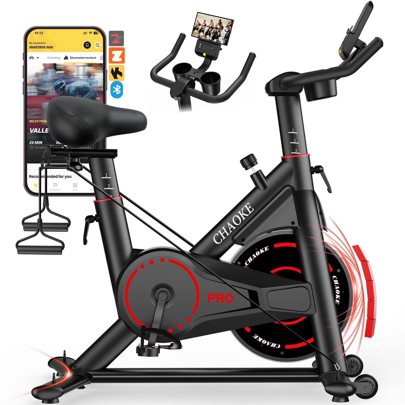 CHAOKE Exercise Bike, Quiet Adjustable Magnetic Stationary Bike for Home Cardio with App Compatible, 350LB Weight Capacity Indoor Cycling Bike with