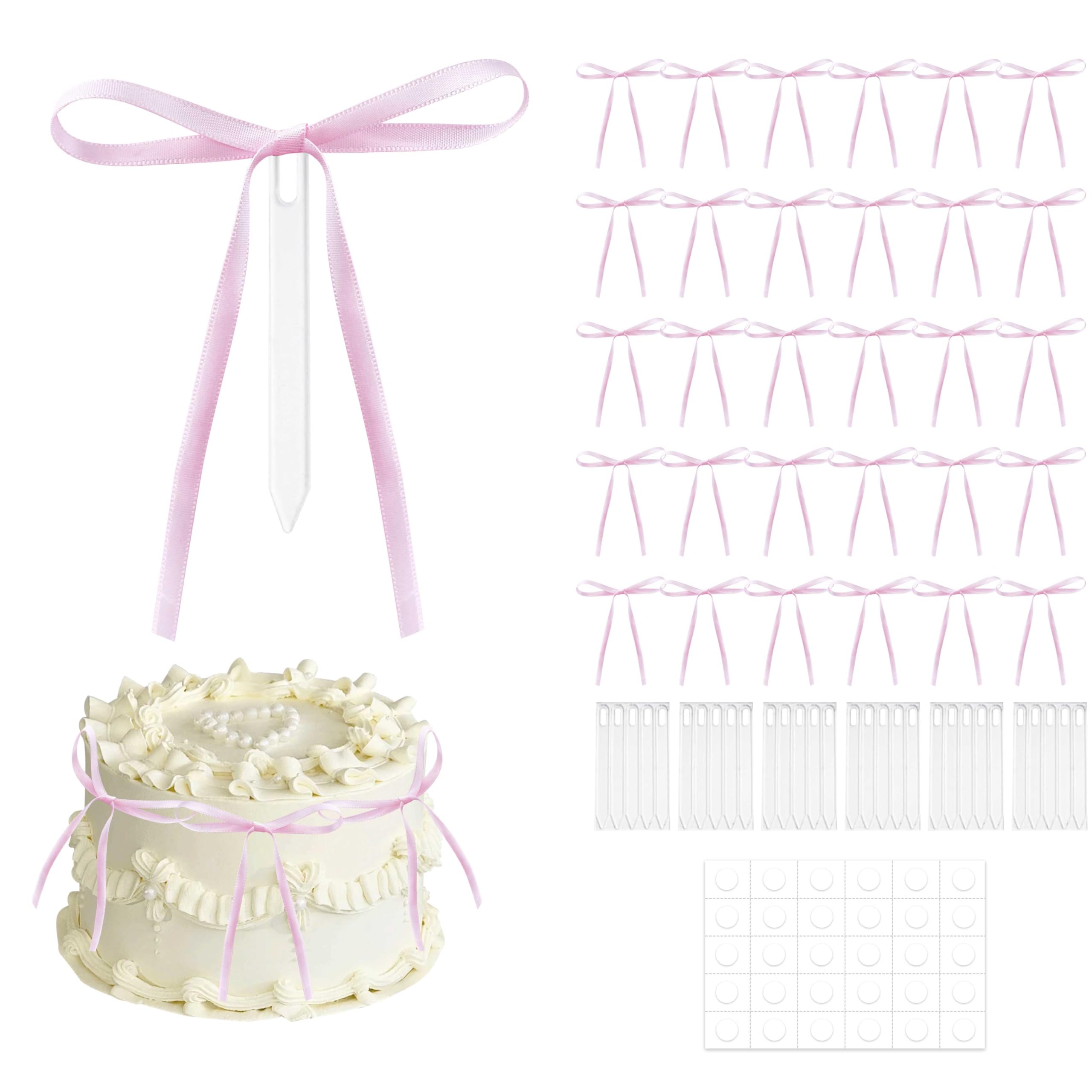 Turmaster 30 Pack Pink Bow Cake Toppers Satin Silk Bow Cake Decoration Coquette Birthday Decorations,Bowknot Party Supplies for Weddings Birthdays