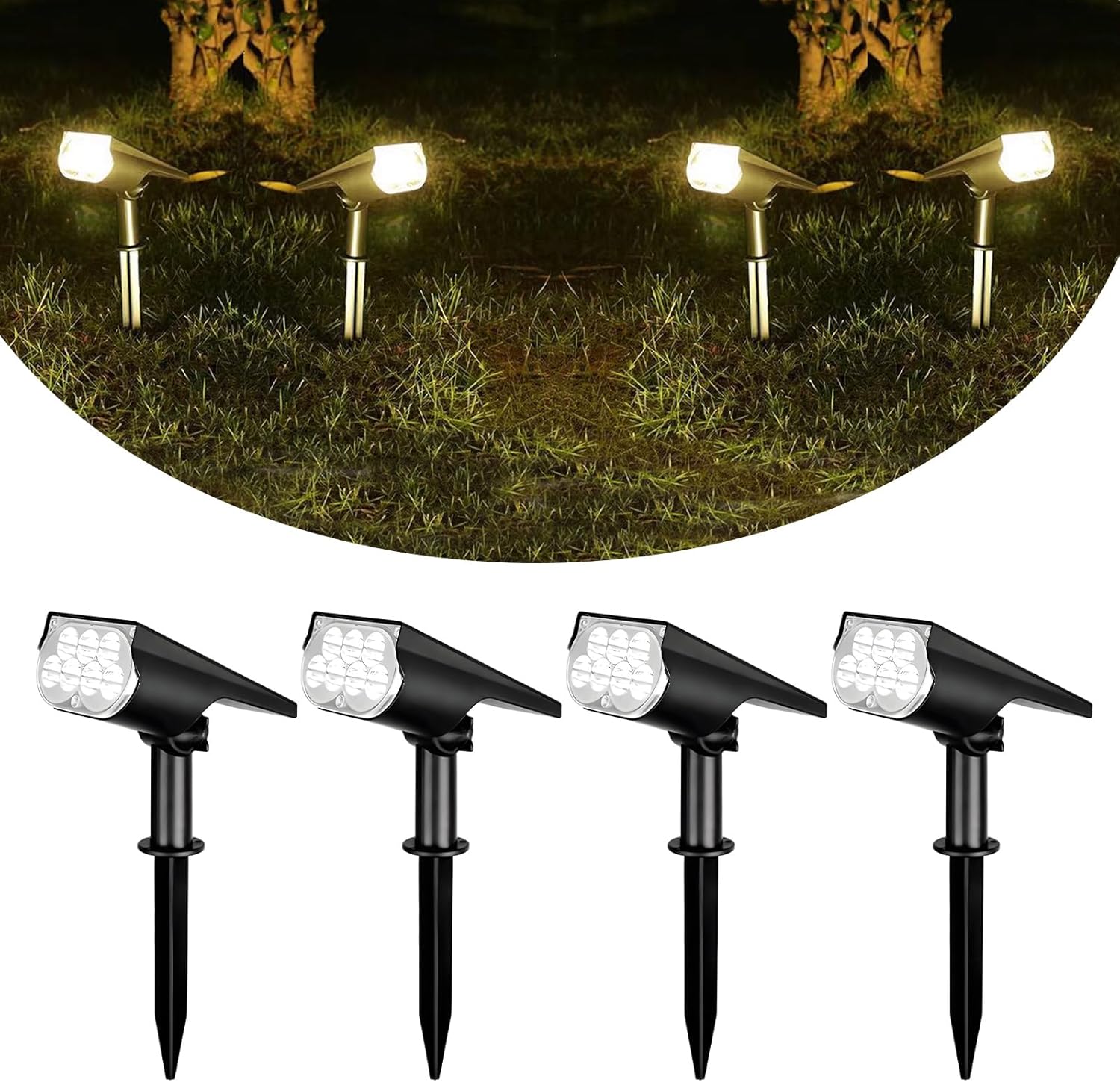 Solar Spot Lights Outdoor, 4 Pack 300LM IP65 Waterproof Solar Landscape Lights with 2000mAh Battery for Pathway, Garden, Yard, Patio（Warm White）