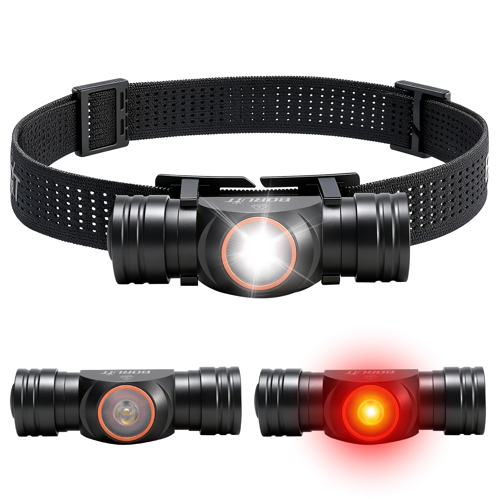 BORUIT HP400 Lampe frontale LED rechargeable avec lumière blanche et rouge, 650 lumens, super lumineuse, chargement USB-C, étanchéité IP67, 7 modes pour course à pied, camping, randonnée, pêche