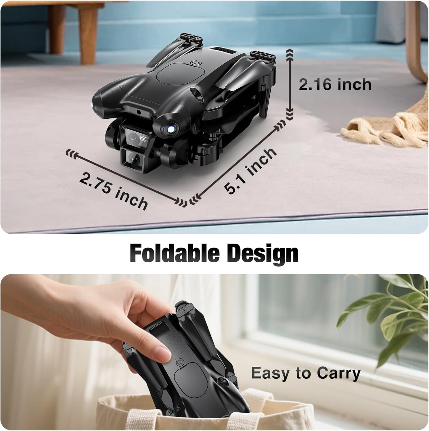 Drone with Camera 1080P HD,Mini Drone for Beginners Kids Adults,Foldable RC Quadcopter with Stable Hover,Trajectory Flight,One Key Take Off/Land,2 Batteries,Toys for Boys and Girls（Black)