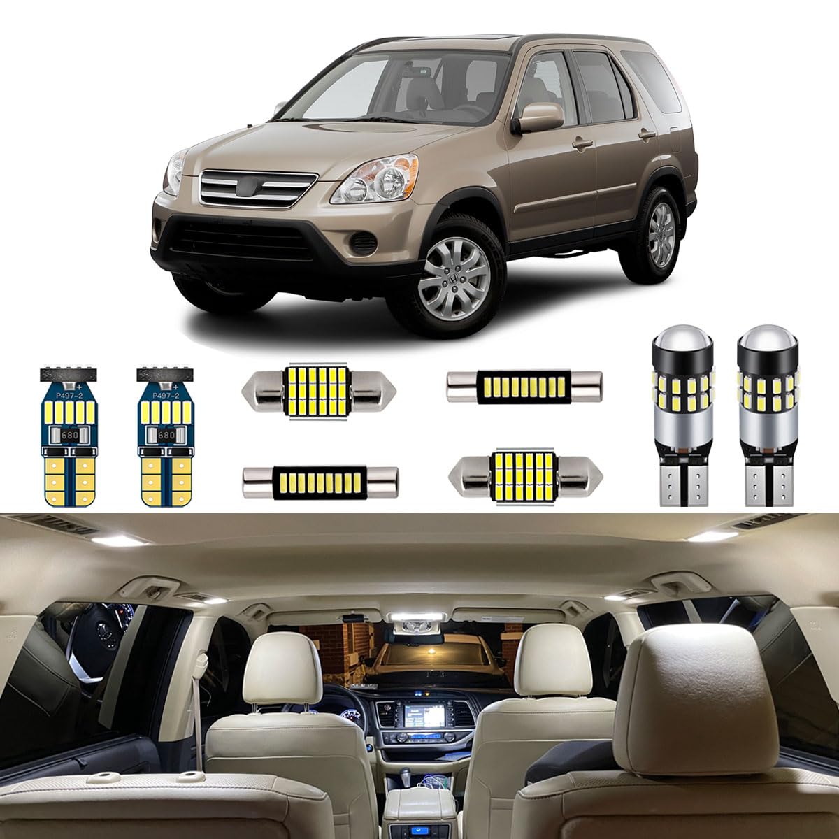 AUTOGINE 7 Piece White LED Interior Lights Kit for Honda CR-V CRV 2002 2003 2004 2005 2006 Super Bright 6000K Interior LED Light Bulb Package + Install Tool