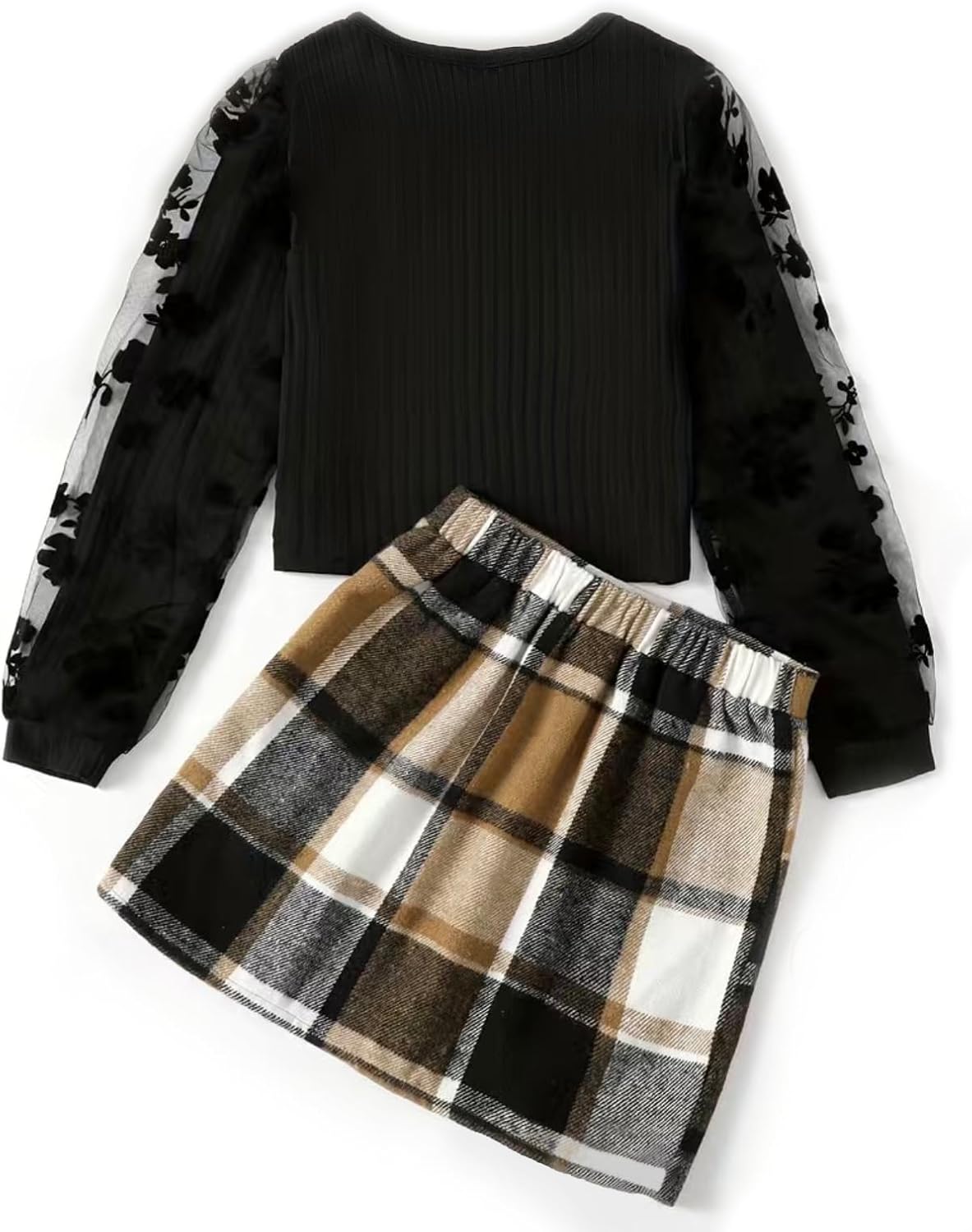 2 Pcs Girls Skirt Sets Long Sleeve Rib Knit Shirt Tops & Short Mini Skirts Set Outfits - Image 2