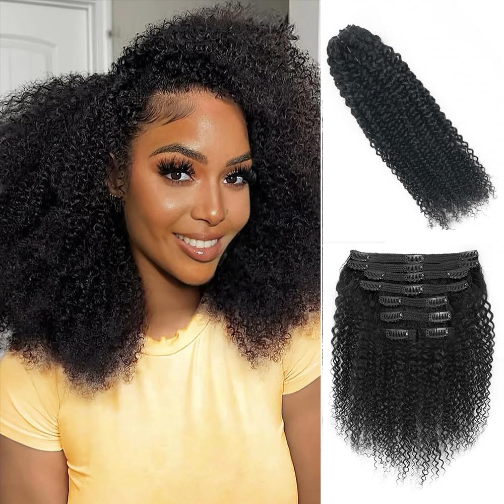 Afro Kinky Curly Clip in Hair Extensions Human Hair 4C Clip in Extensions 8pcs 120g/set 10A Brazilian Virgin for Black Women Natural Black Color 14