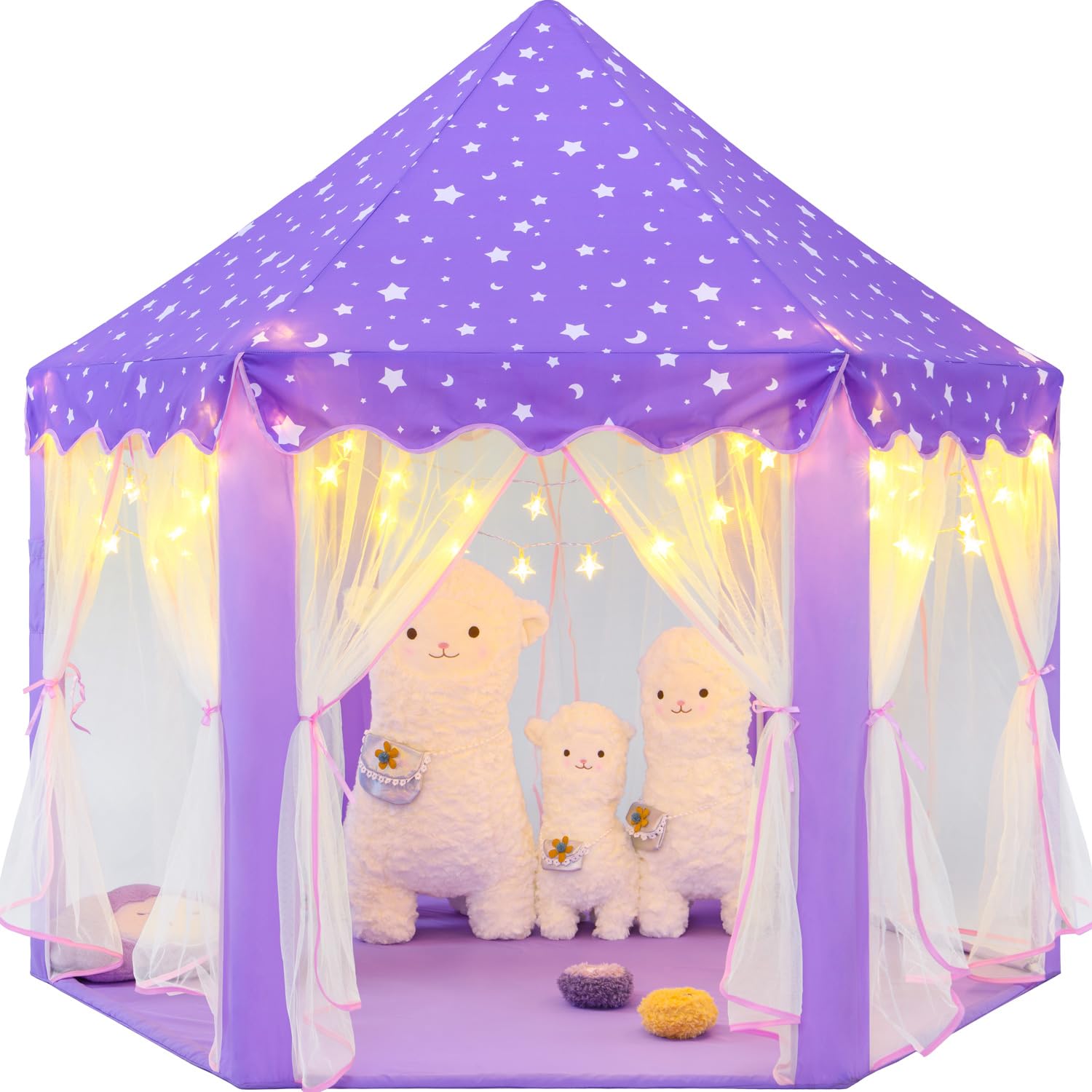 CUBNBUD Princess Tent for Girls Age 4-7, Purple Princess Castle Playhouse with Star Lights, 55x53 inch